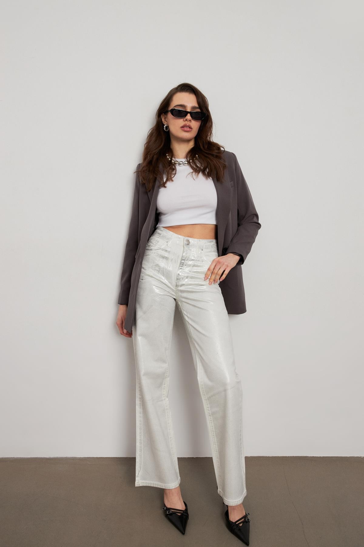Yüksek Bel Gümüş Varaklı Kadın Wide Leg Jean
