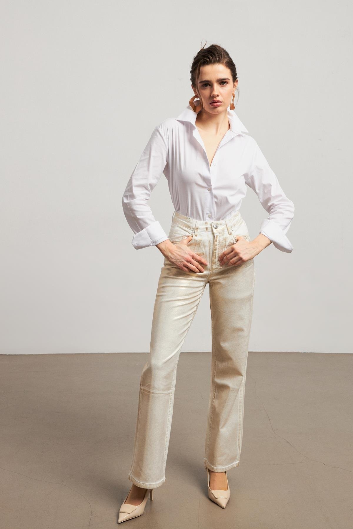 Yüksek Bel Sarı Varaklı Kadın Wide Leg Jean