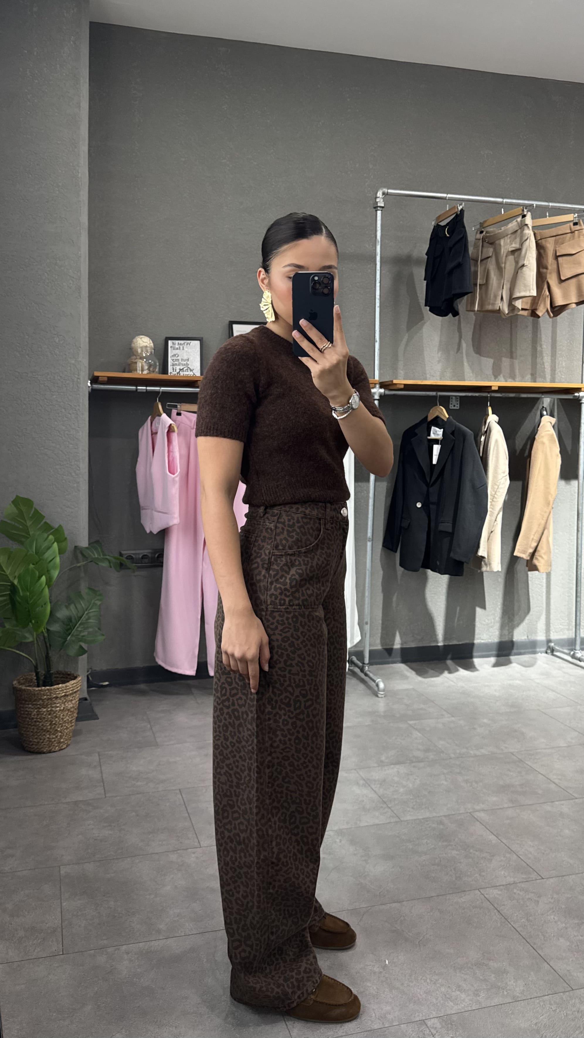 Yüksek Bel Leopar Desenli Kahve Straight Fit Kadın Jean