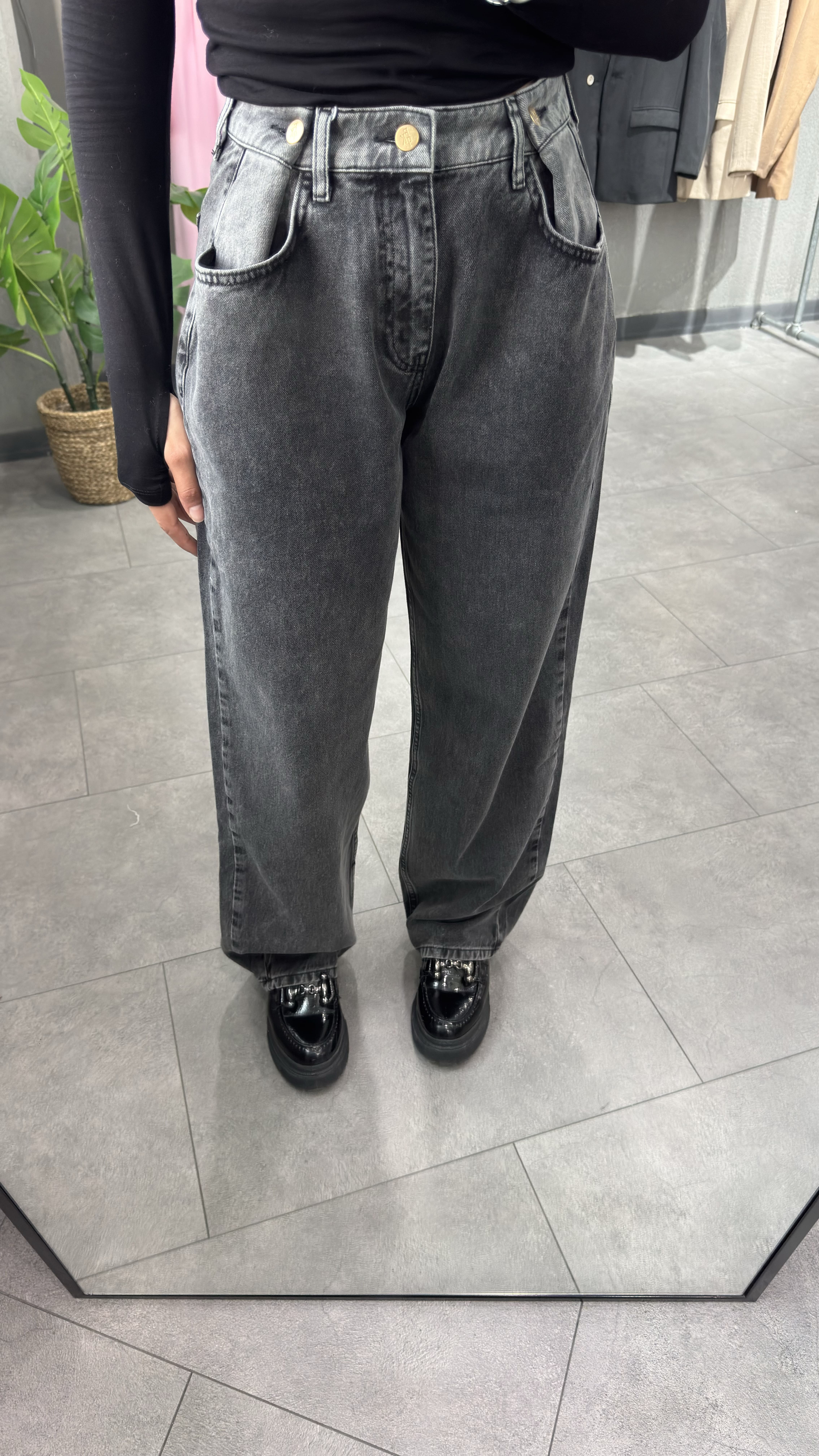 Beli Düğmeli Franky Kadın Füme Jean