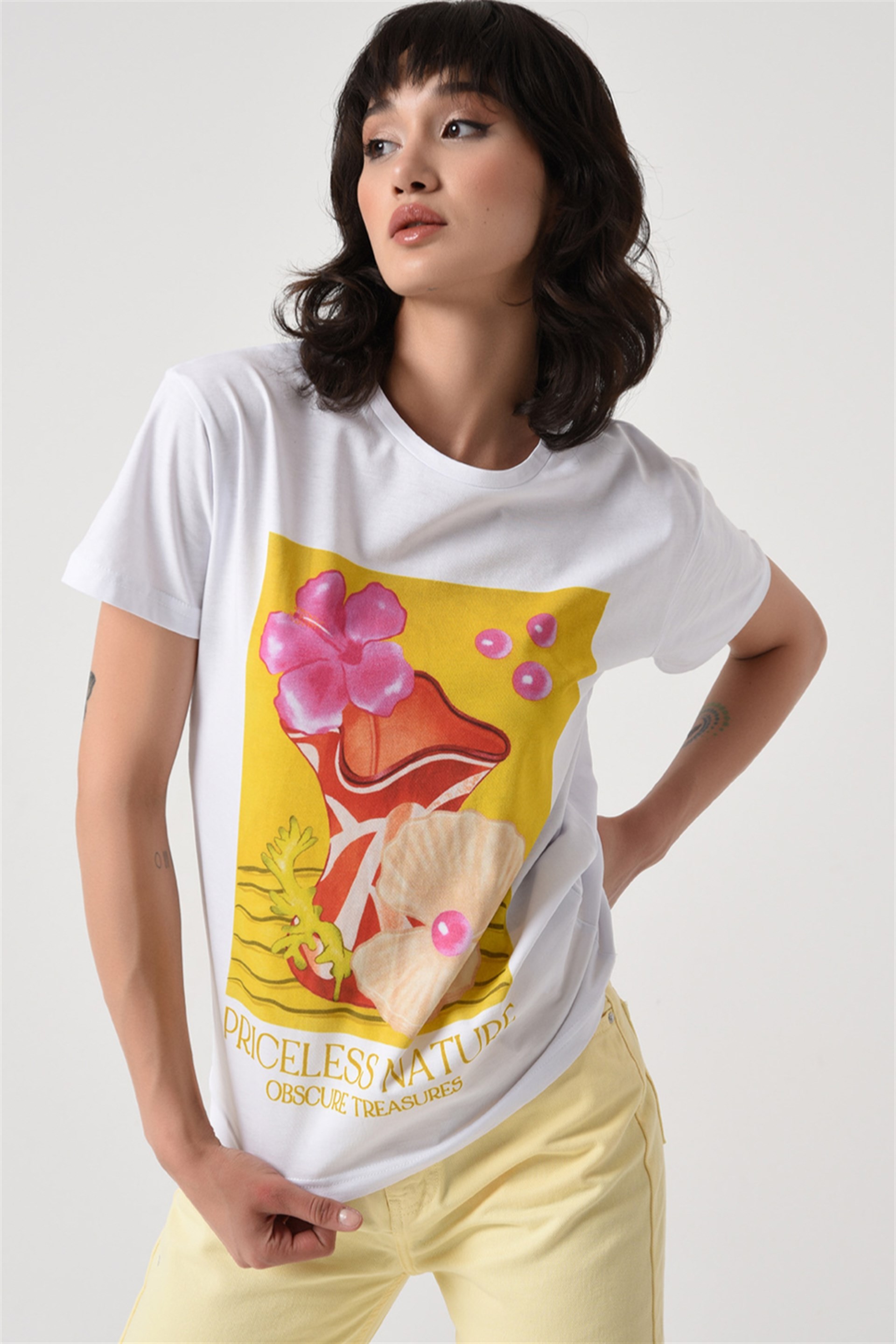 Baskılı Basic Örme T-shirt Beyaz
