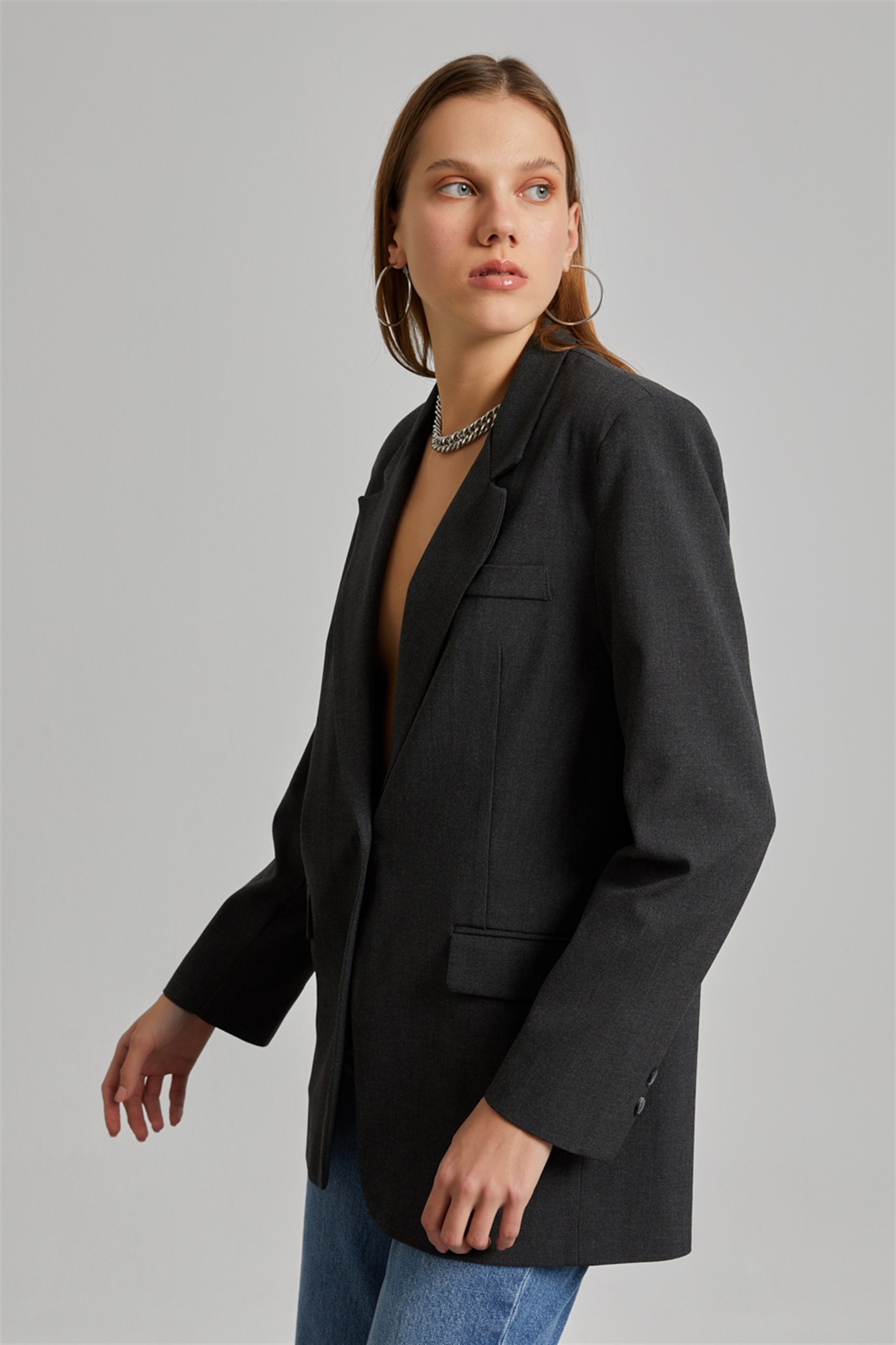Antrasit Desenli Astarlı Blazer Ceket