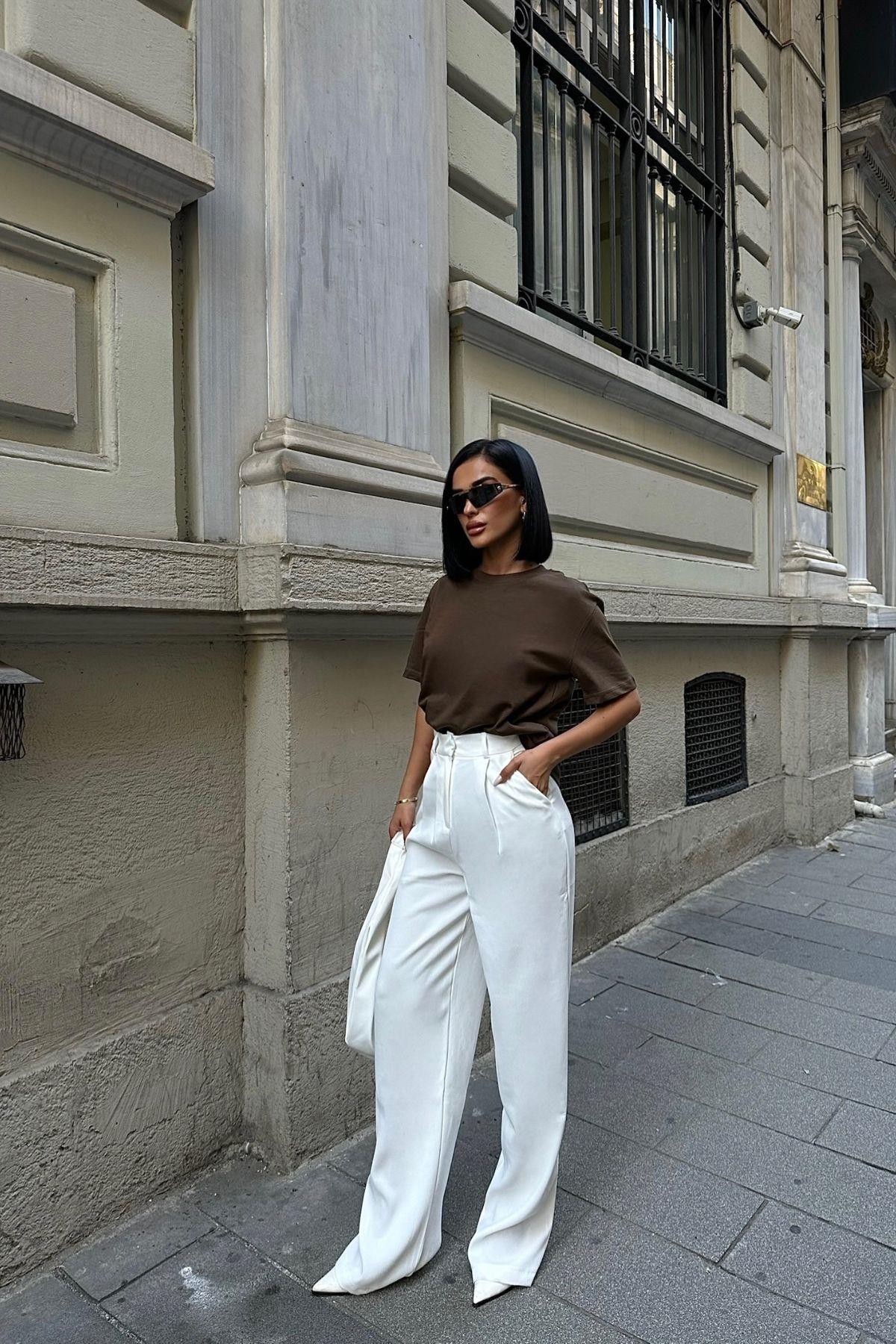Bisiklet Yaka Oversize Acı Kahve Kadın T-Shirt