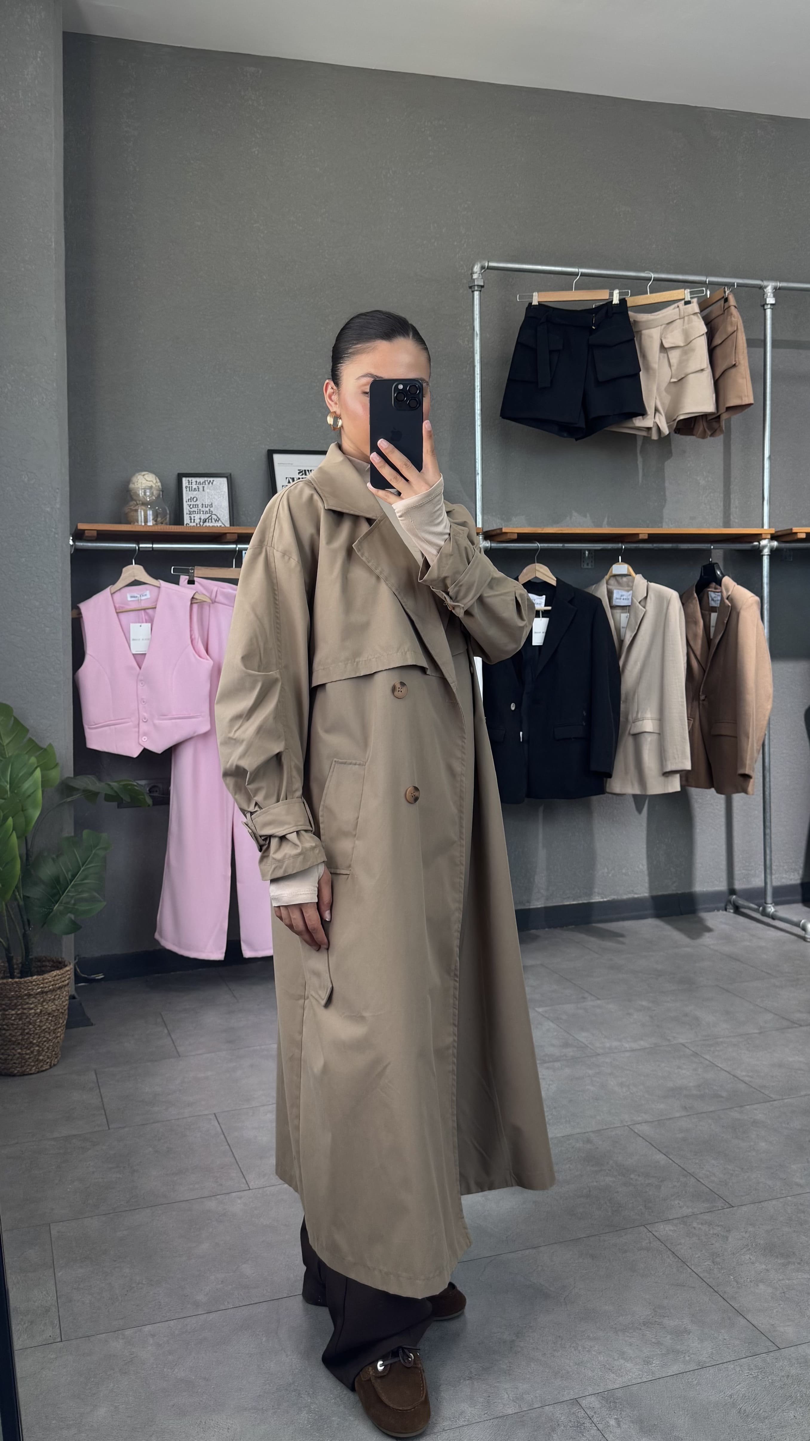 Oversize Uzun Kahve Kadın Trençkot