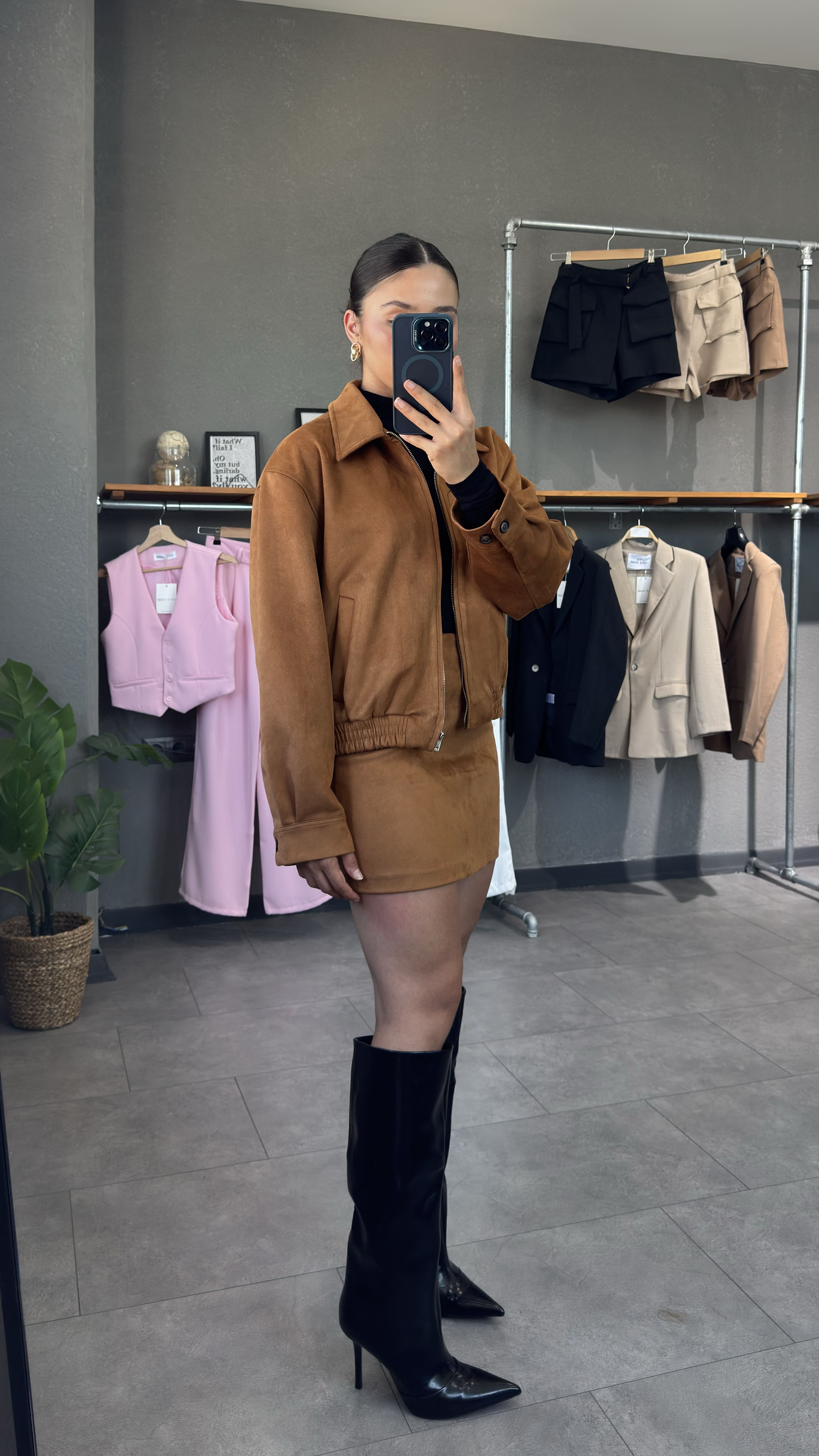 Süet Taba Bomber Ceket & Mini Etek Kombin