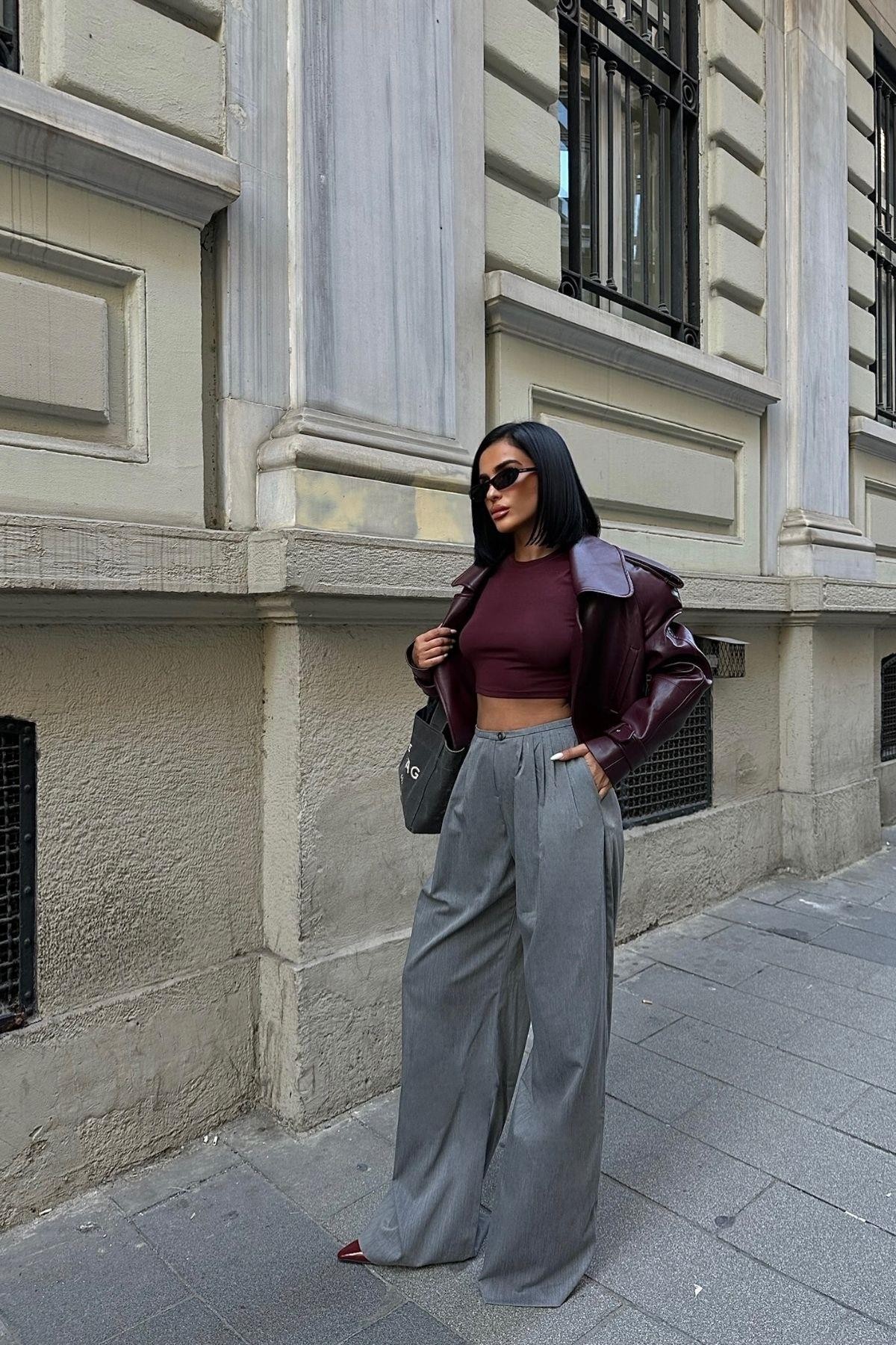 Bisiklet Yaka Crop Bordo Kadın Bluz