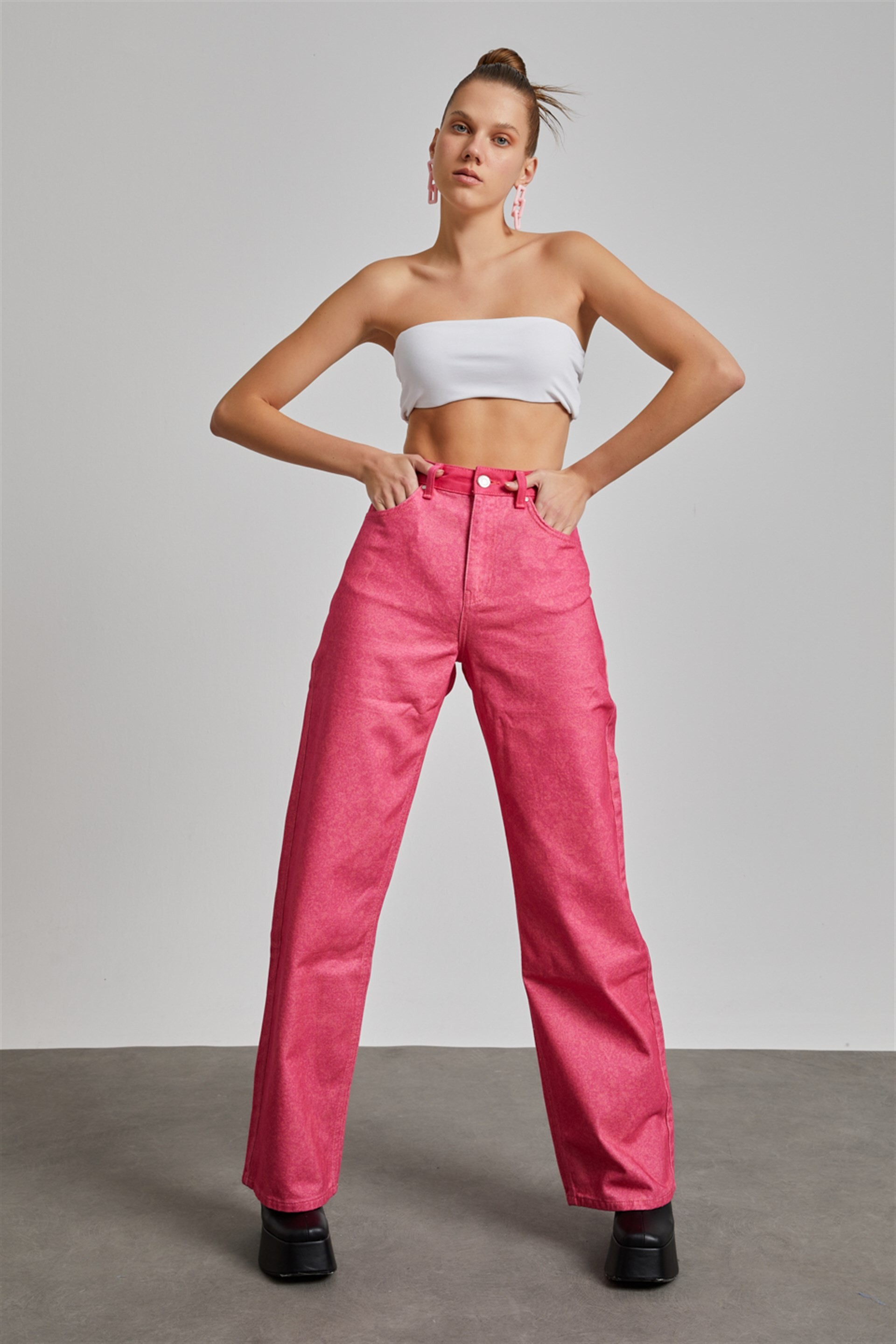 Kadın Fuşya Yüksek Bel Bol Paça Wide Leg Signature Jean
