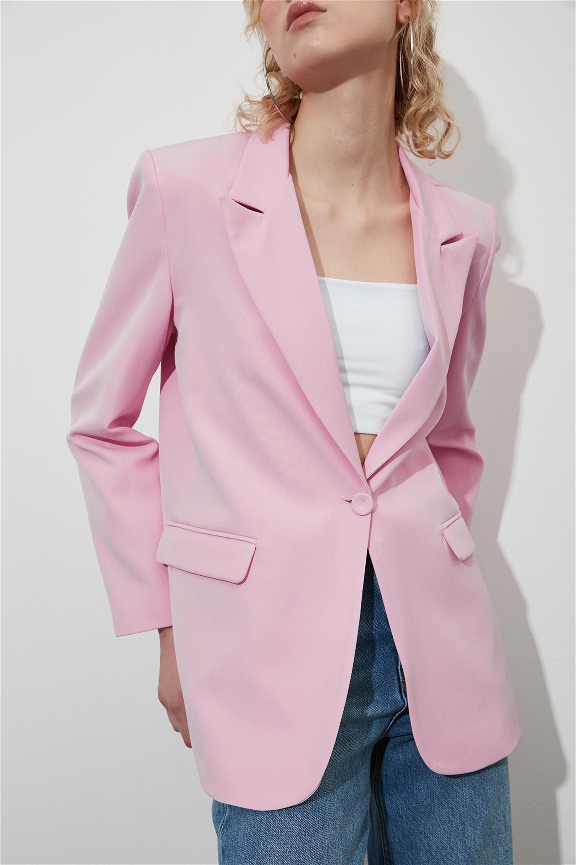 Oversize Vatkalı Pembe Blazer Ceket