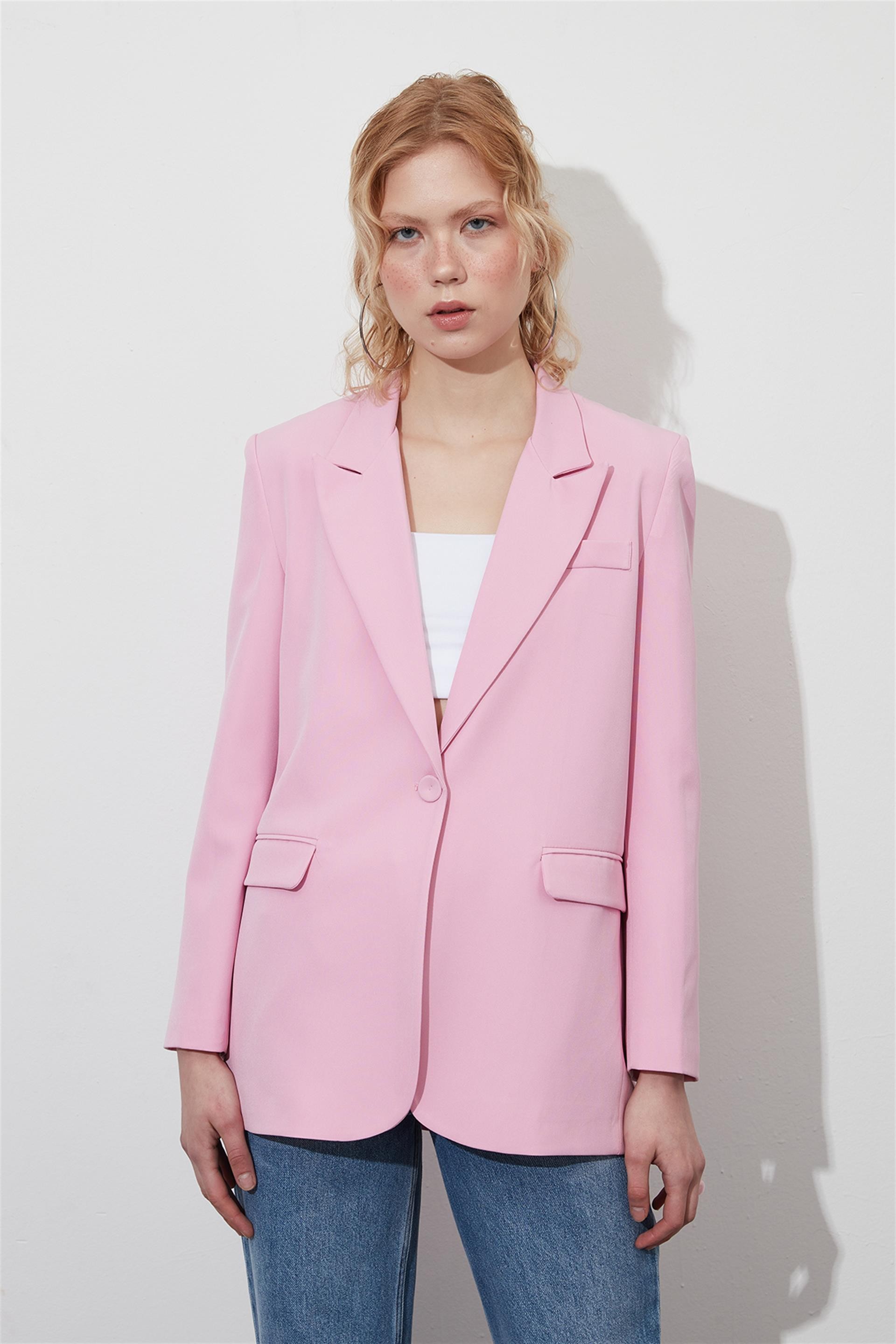Oversize Vatkalı Pembe Blazer Ceket