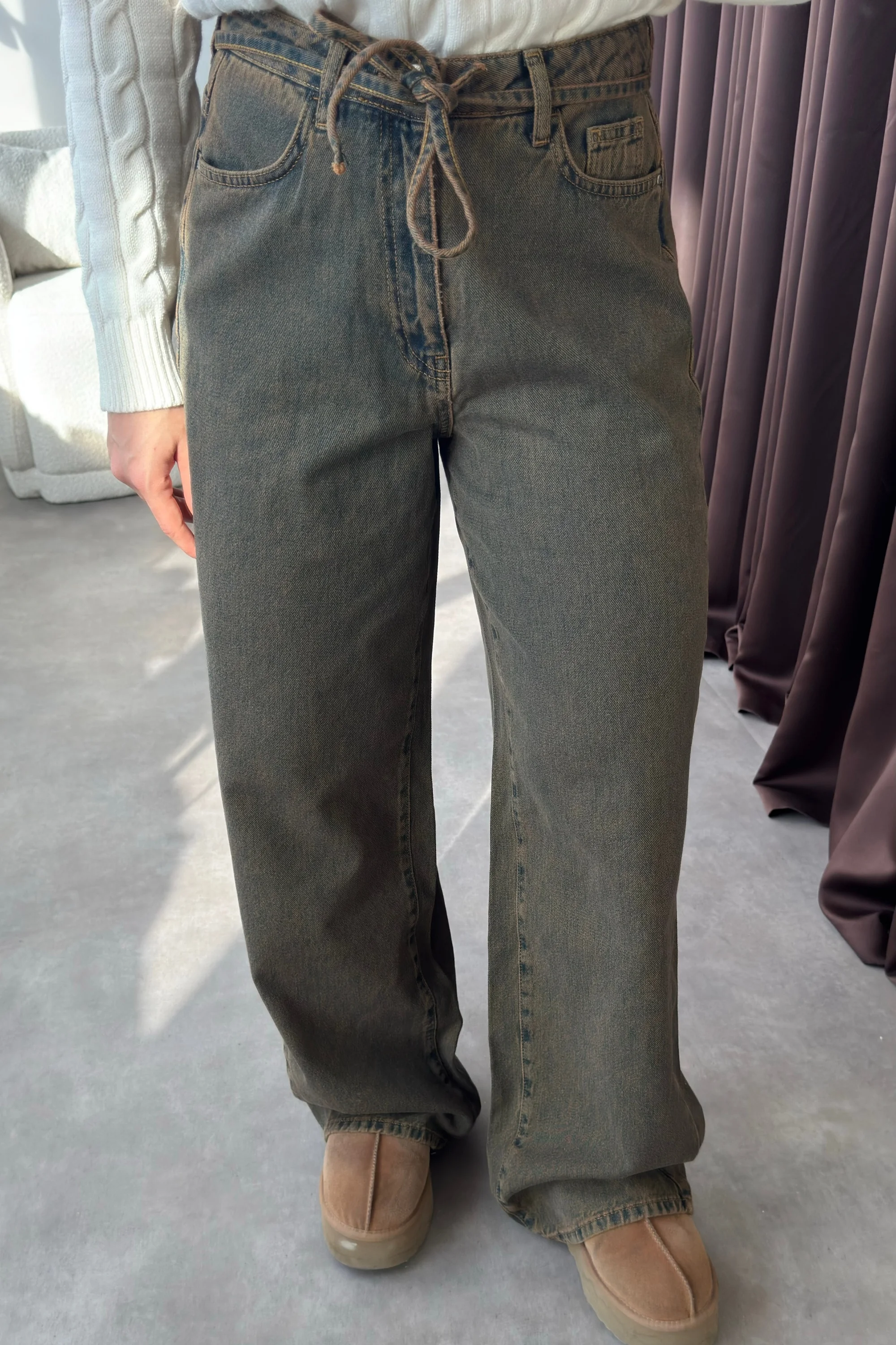 Yüksek Bel Beli Kordonlu Yeşil Wide Leg Kadın Jean