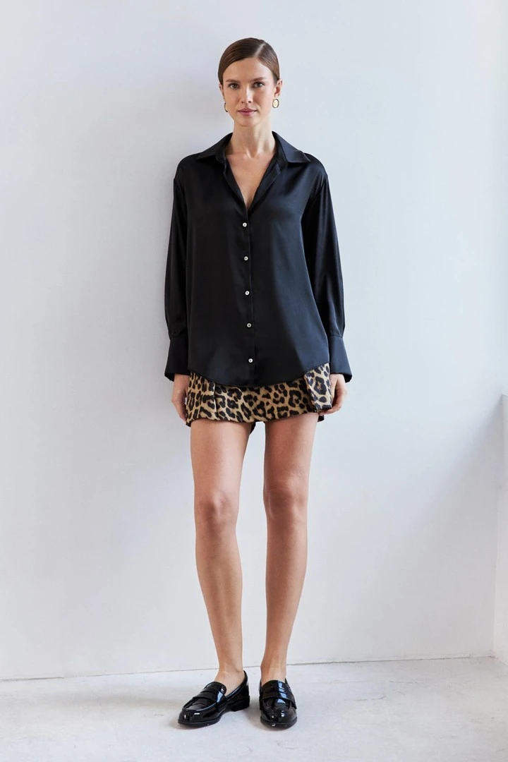 Basic Siyah Kadın Saten Gömlek