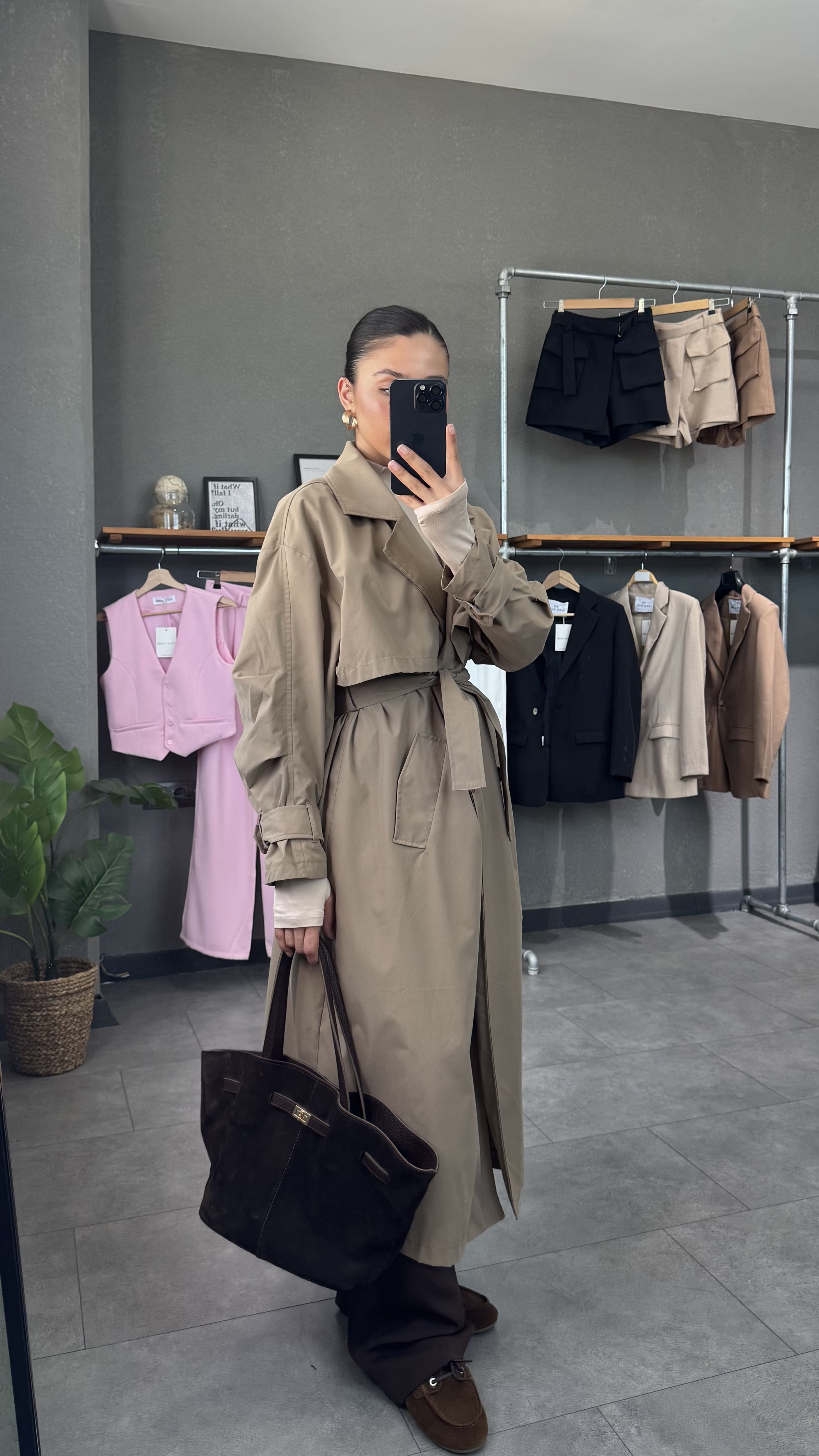 Oversize Uzun Kahve Kadın Trençkot