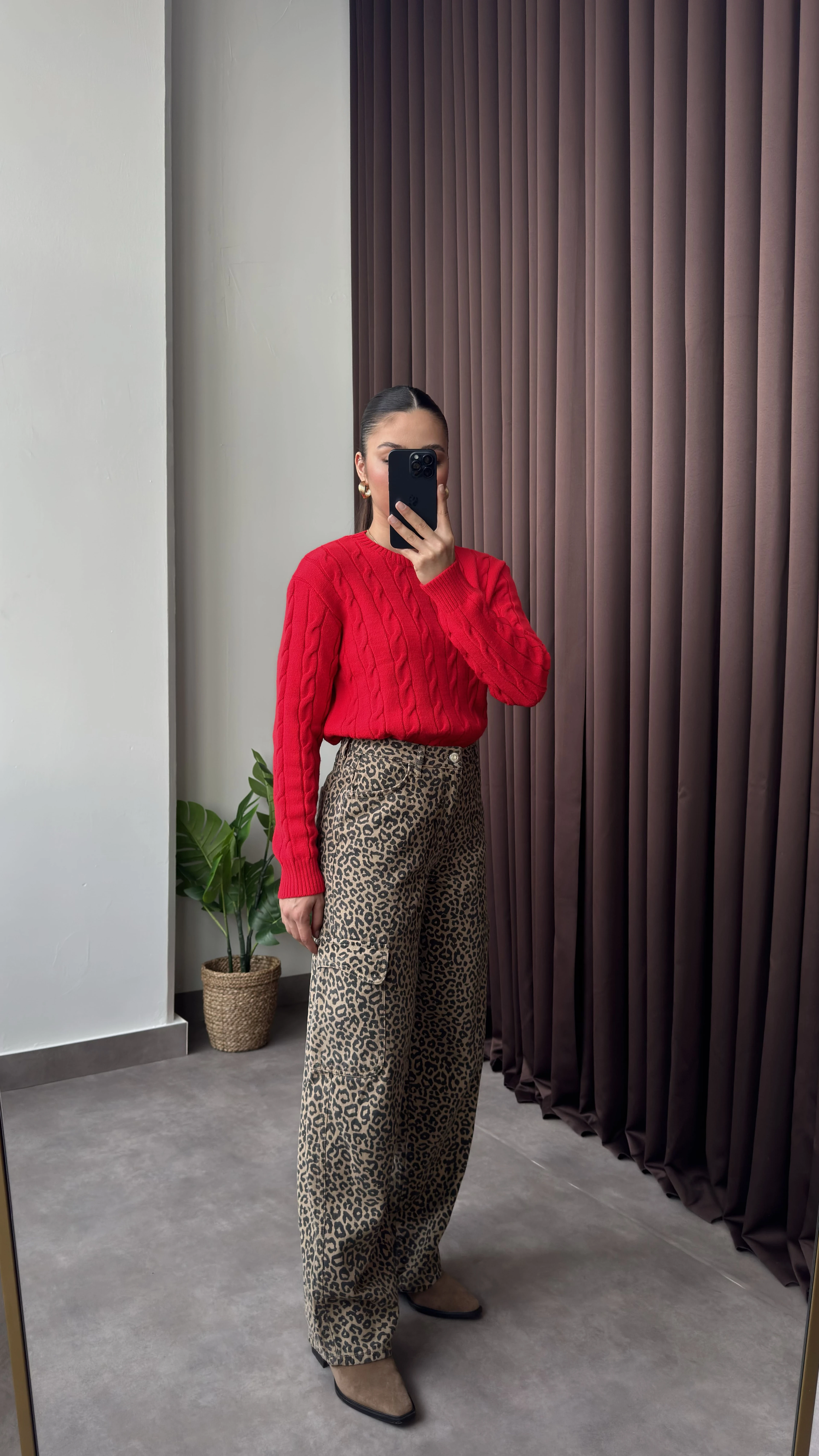 Yüksek Bel Leopar Desenli Bol Kesim Camel Kargo Cepli Jean