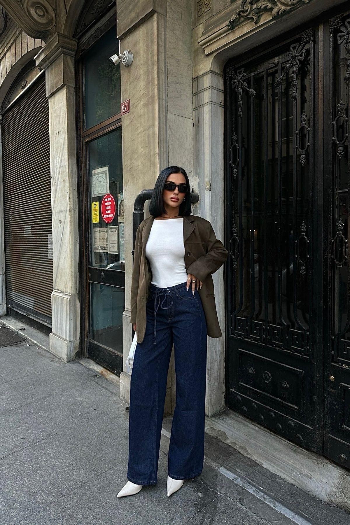 Yüksek Bel Beli Kordonlu Lacivert Wide Leg Kadın Jean