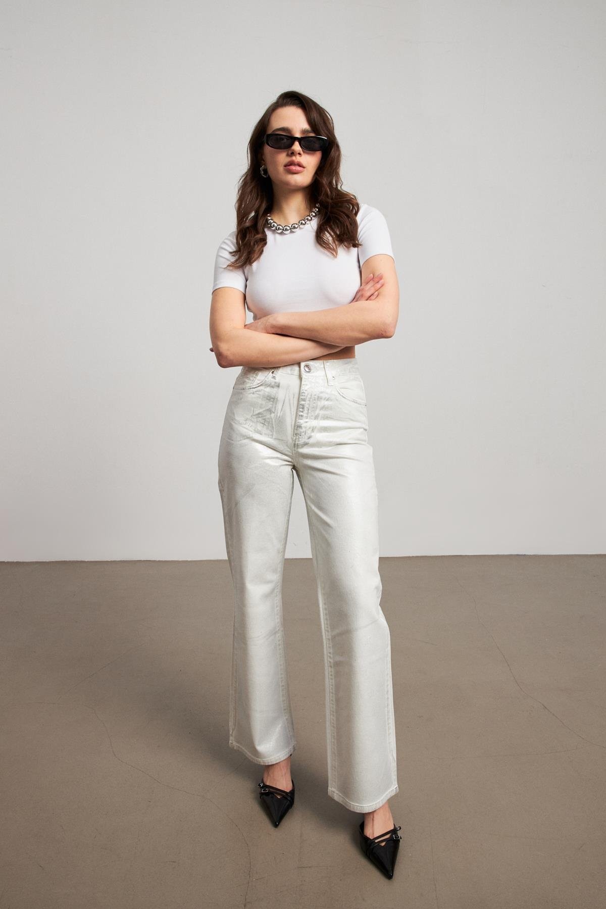Yüksek Bel Gümüş Varaklı Kadın Wide Leg Jean