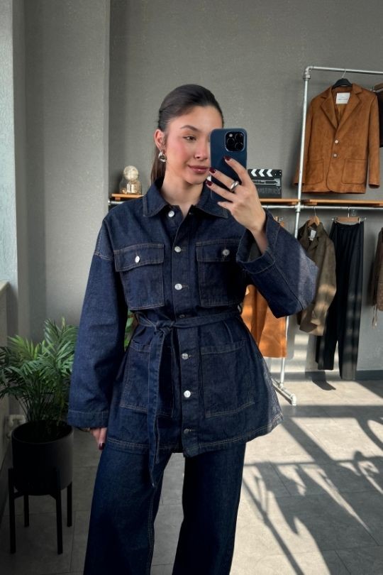 Cep Detaylı Kuşaklı Lacivert Denim ceket Jean Takım