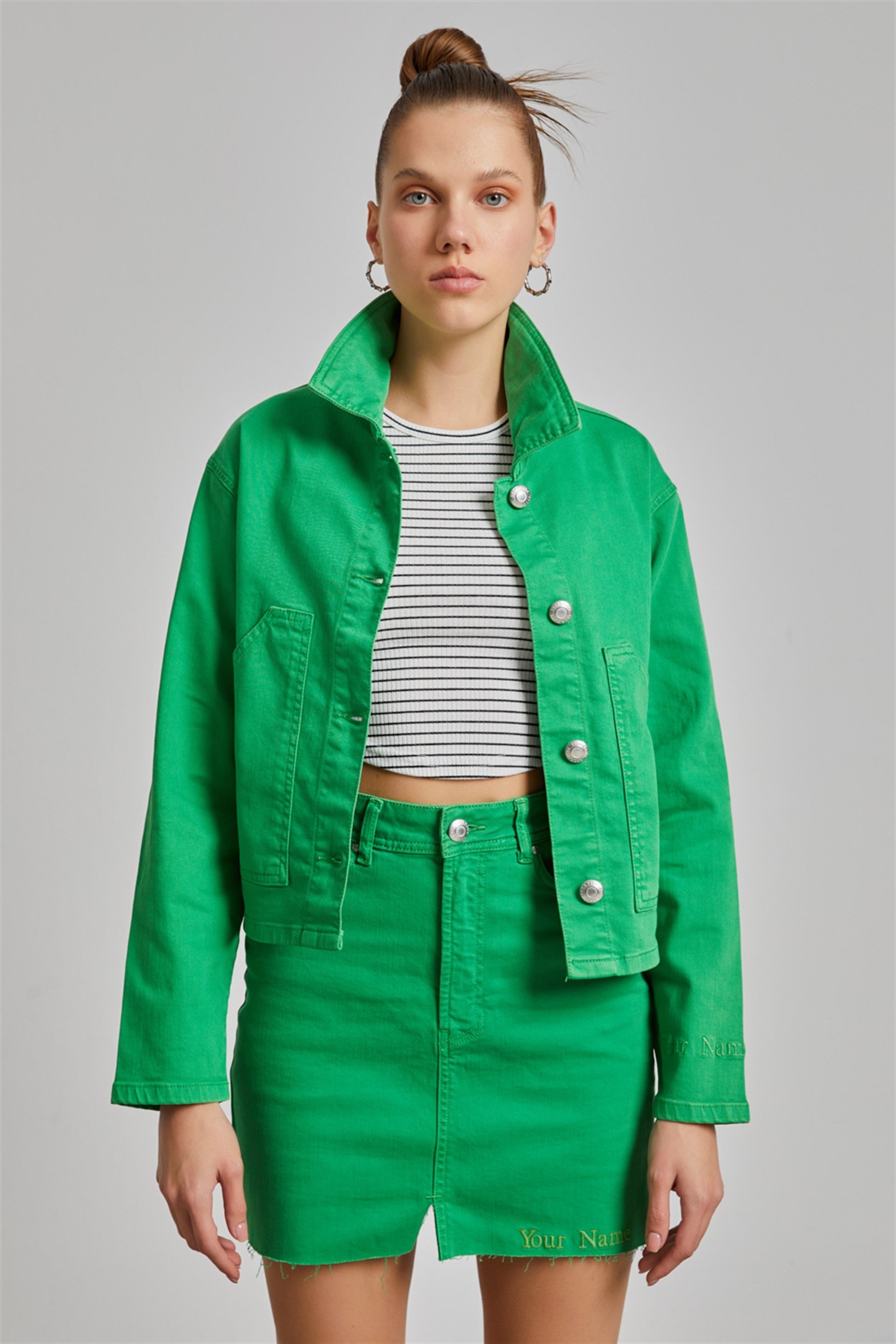 Kadın Yeşil Gabardin Denim Ceket
