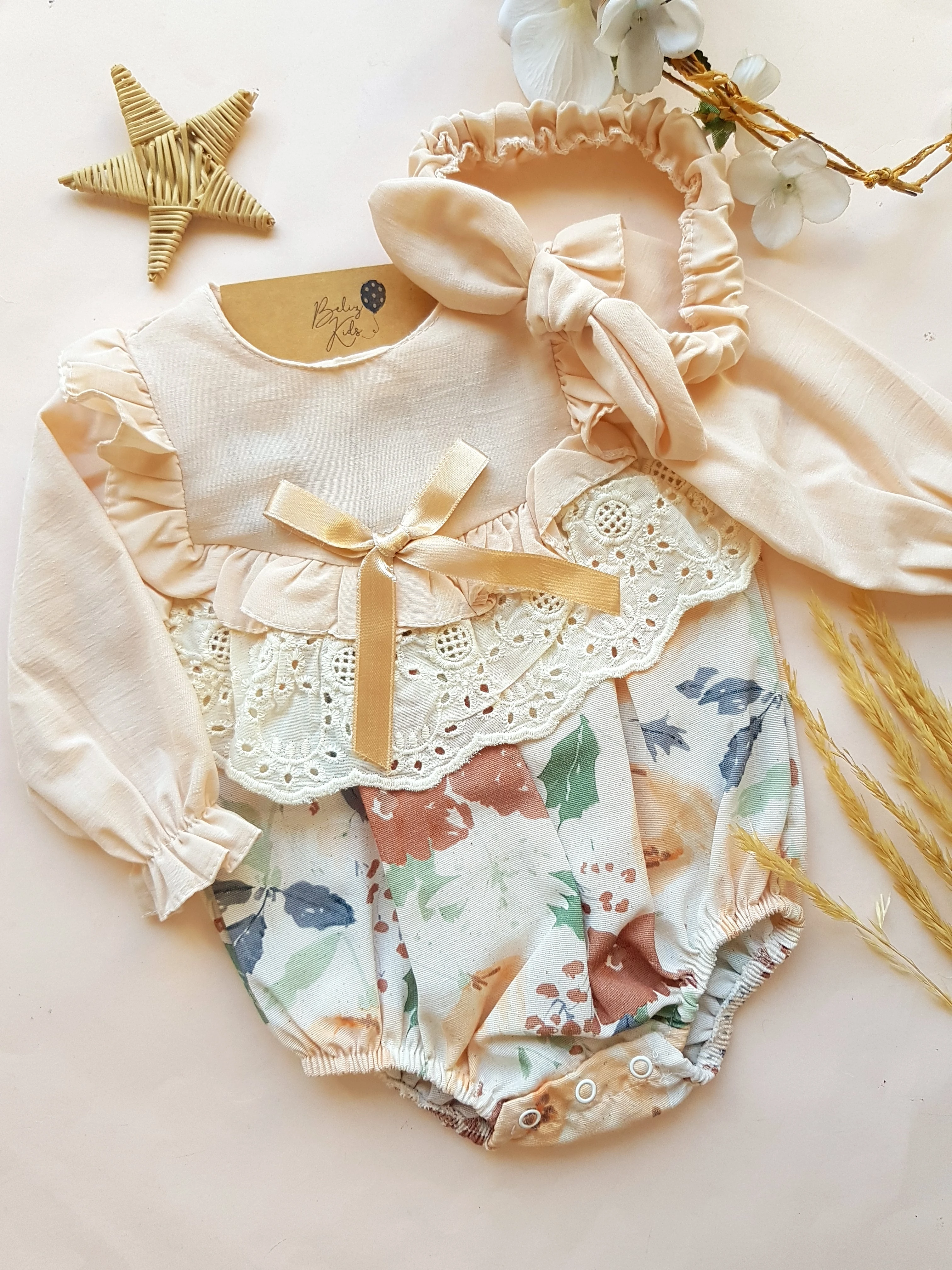 Kiremit Çiçekli Fisto/Fırfır Detaylı Bandanalı Romper