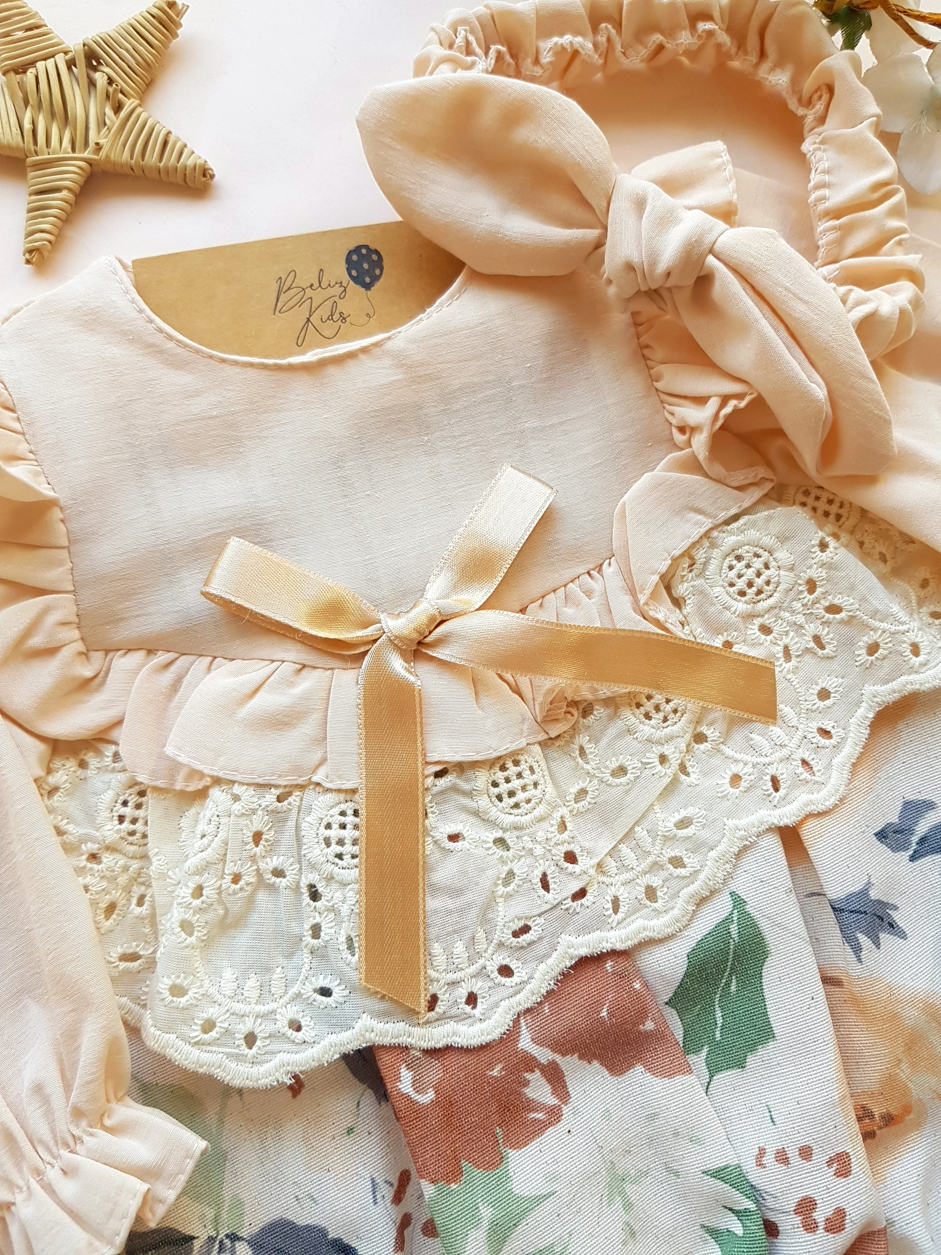 Kiremit Çiçekli Fisto/Fırfır Detaylı Bandanalı Romper