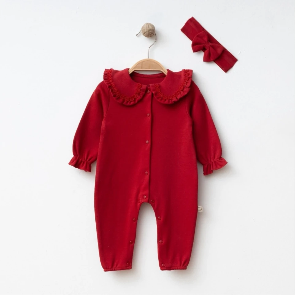 Kırmızı Çiçek Nakış Detaylı Bandanalı Tulum