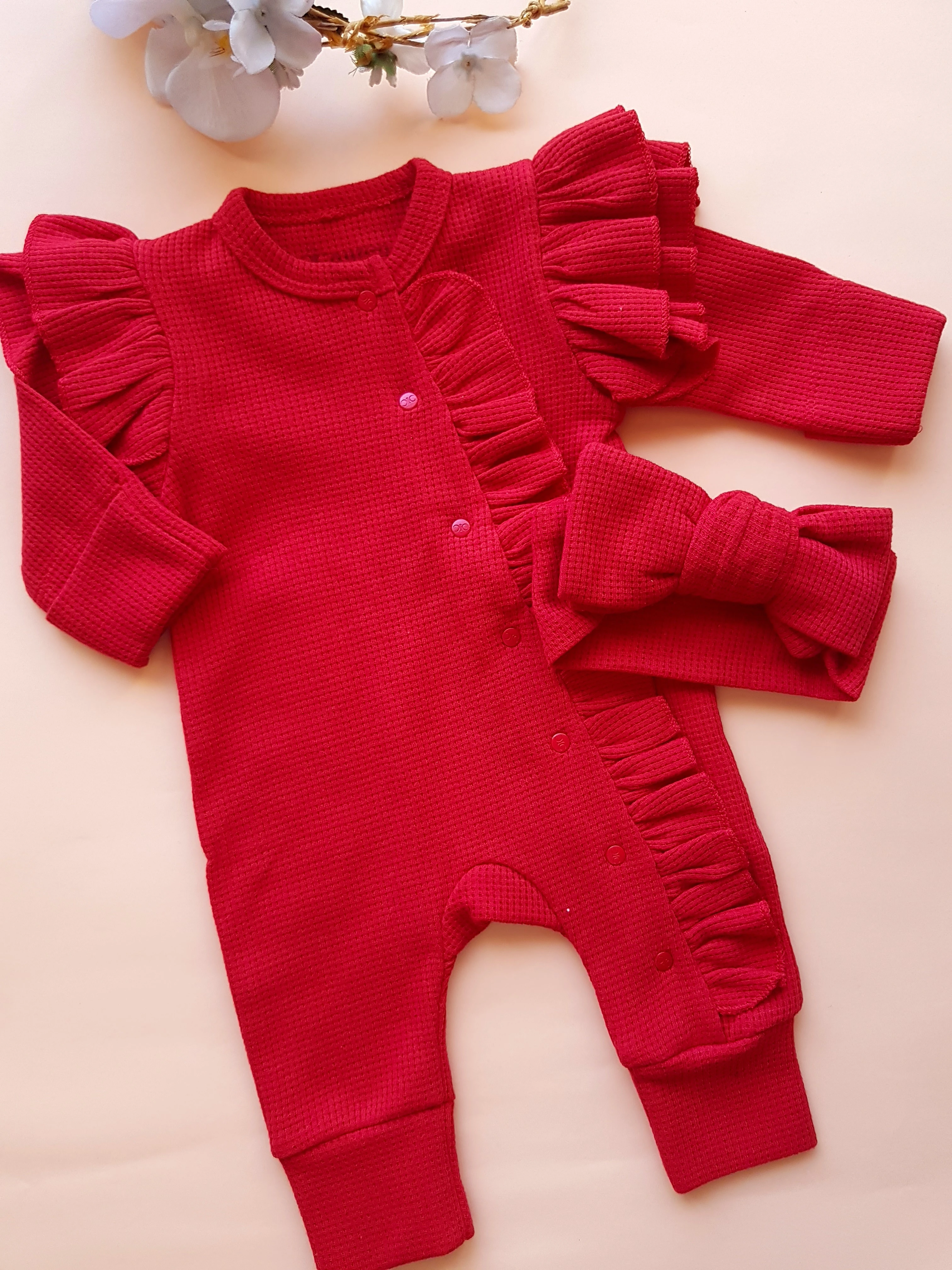 Kırmızı Waffle Kumaş Bandanalı Tok Tulum