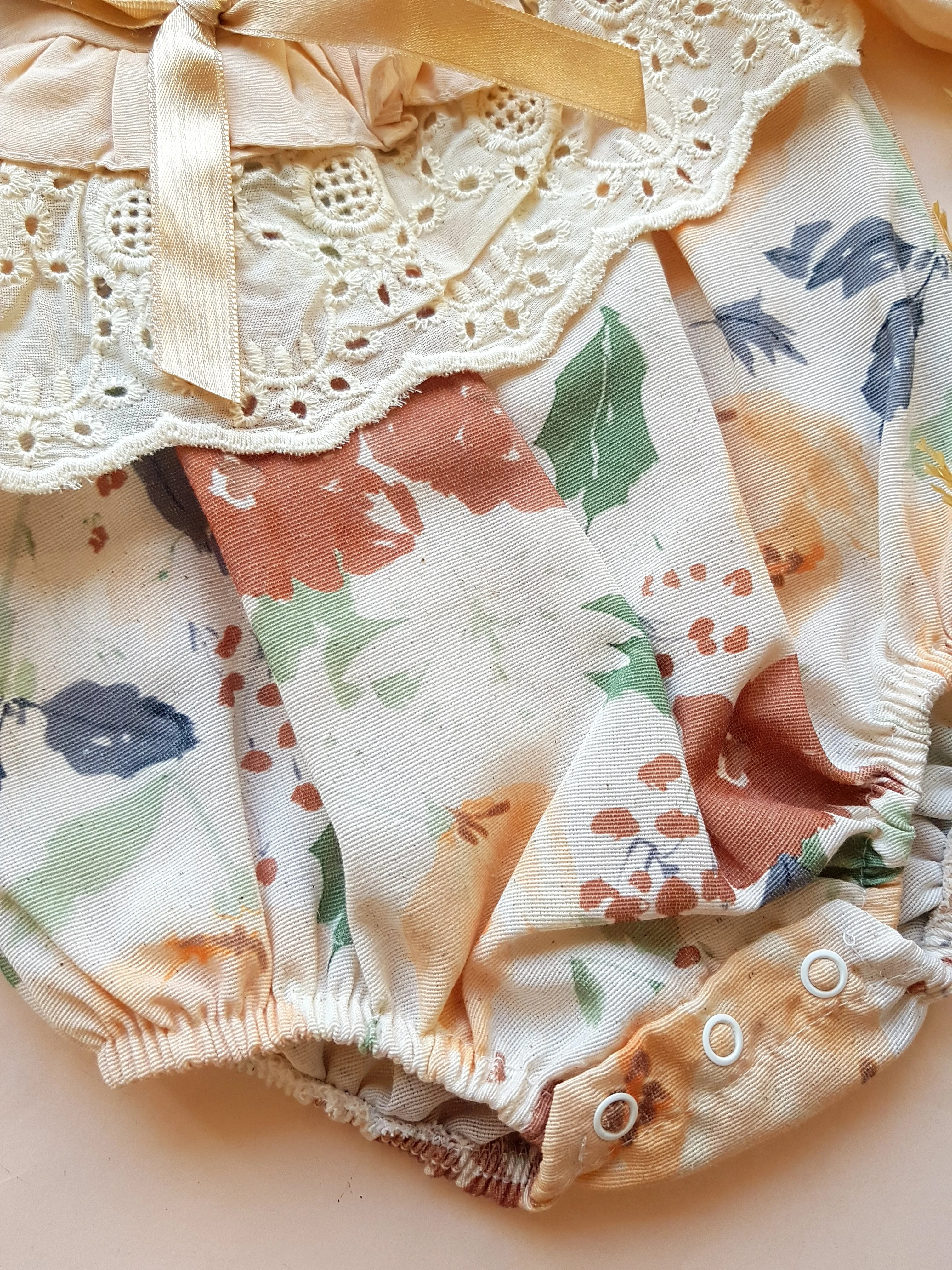 Kiremit Çiçekli Fisto/Fırfır Detaylı Bandanalı Romper