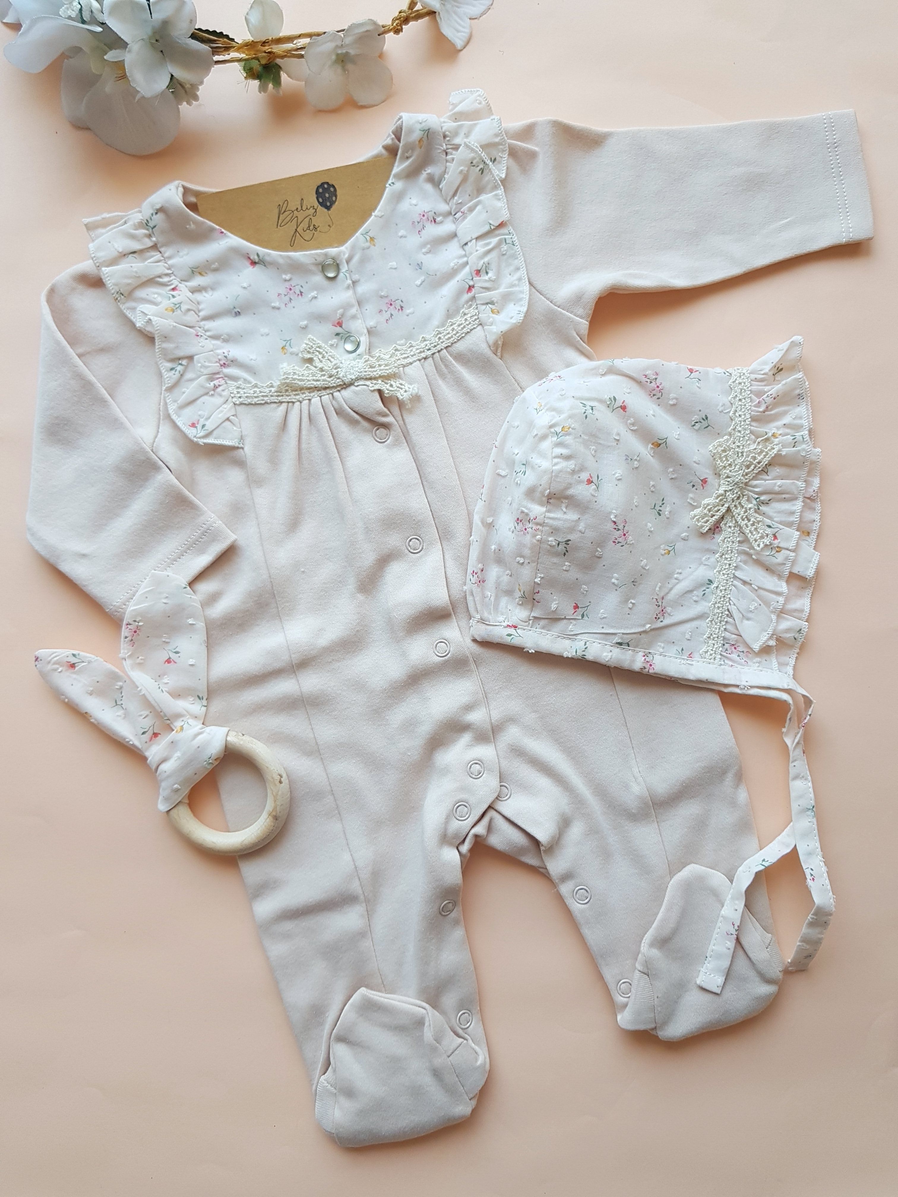 Premium Soft Çiçekli Yenidoğan Üçlü Tulum Set
