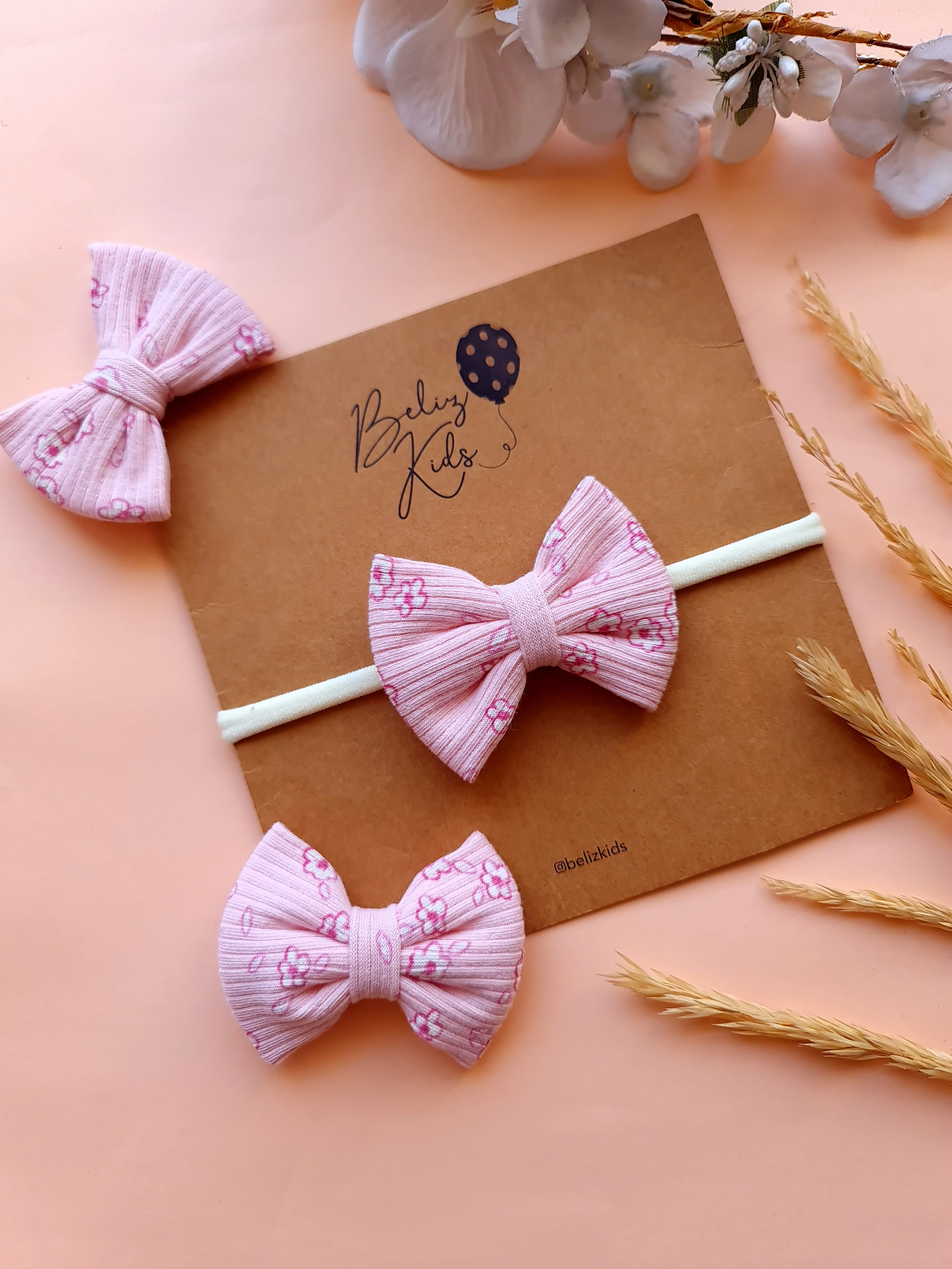 Pembe Çiçek Desenli Ribana Fiyonk Bant