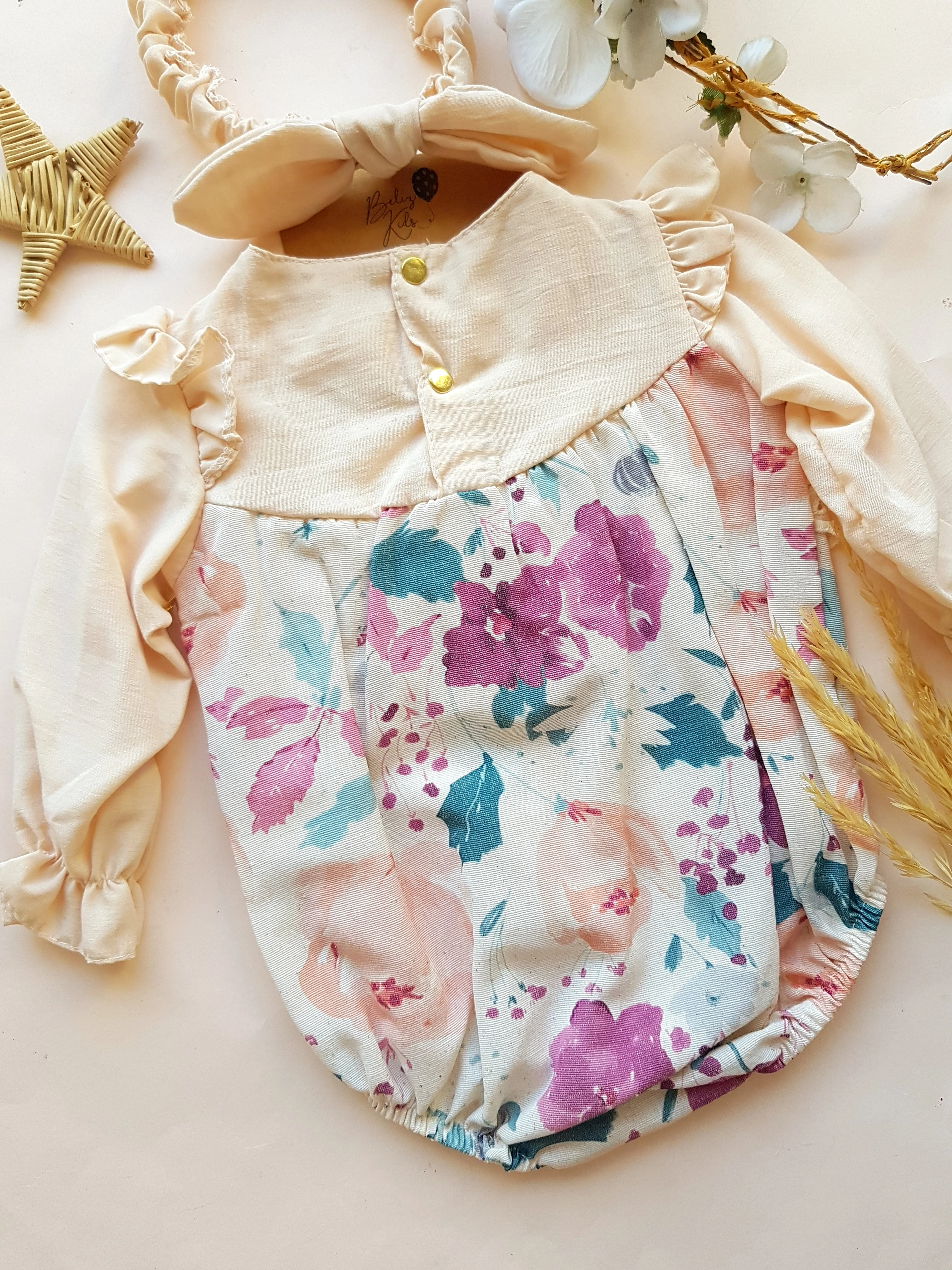 Mürdüm Çiçekli Fisto/Fırfır Detaylı Bandanalı Romper