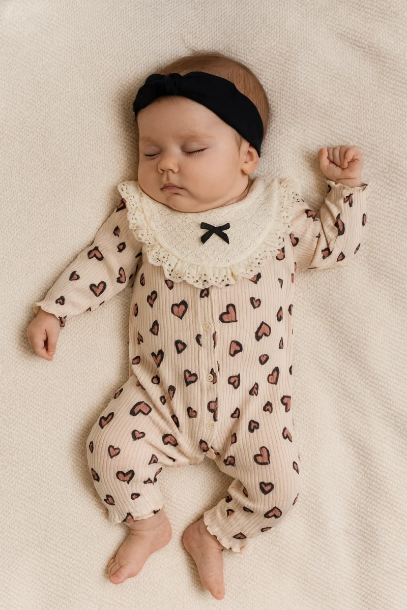 Kalp Leopar Baskılı Bandanalı Pudra Tulum