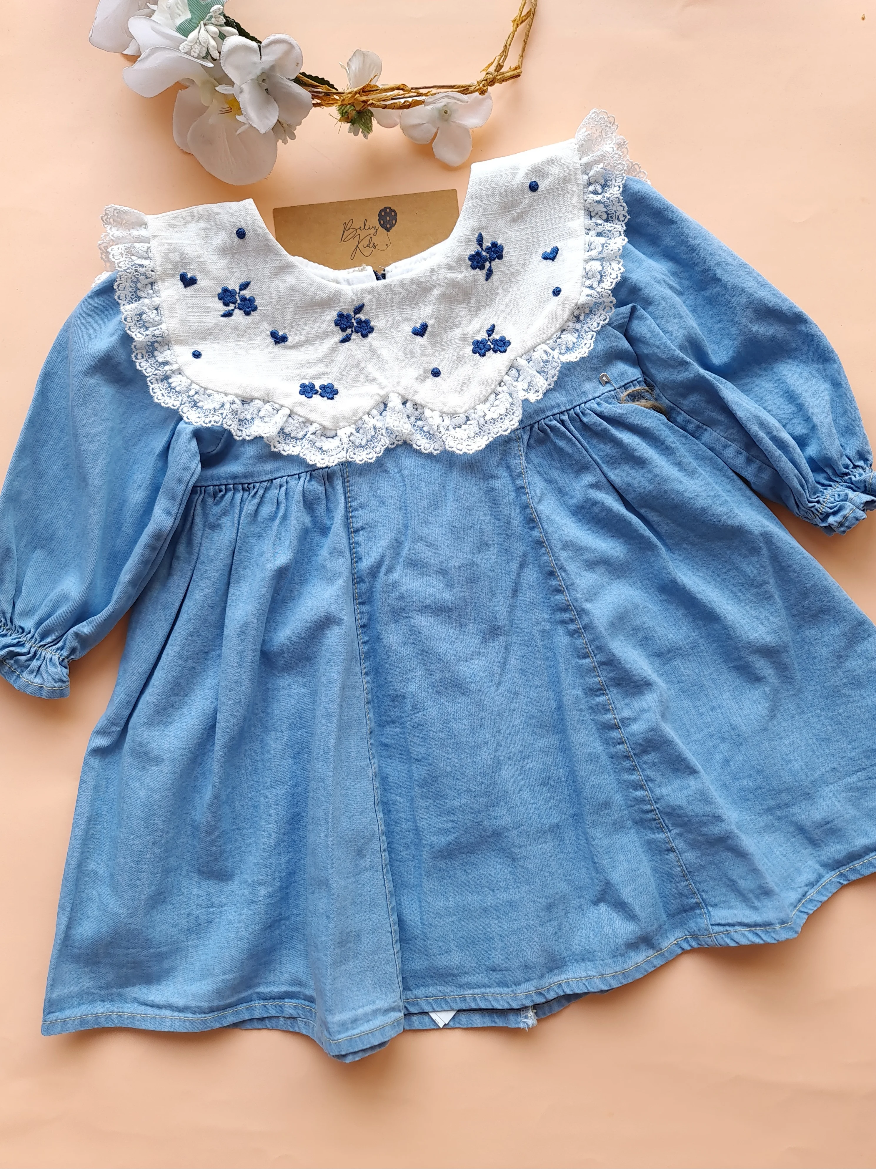 Nakış Çiçek/Güpür Yaka Detaylı Denim Elbise