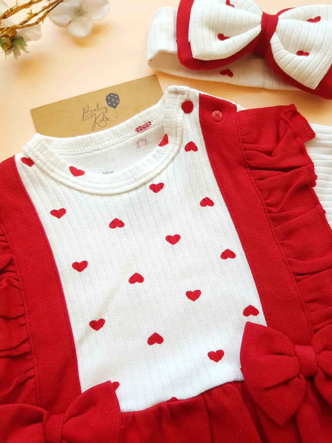 Kırmızı Kalp Desen Çoraplı Bandanalı Romper