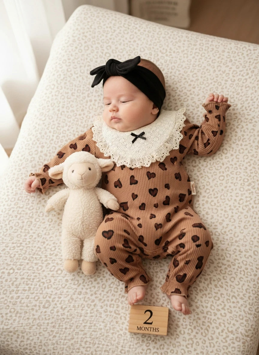 Kalp Leopar Baskılı Bandanalı Kahverengi Tulum