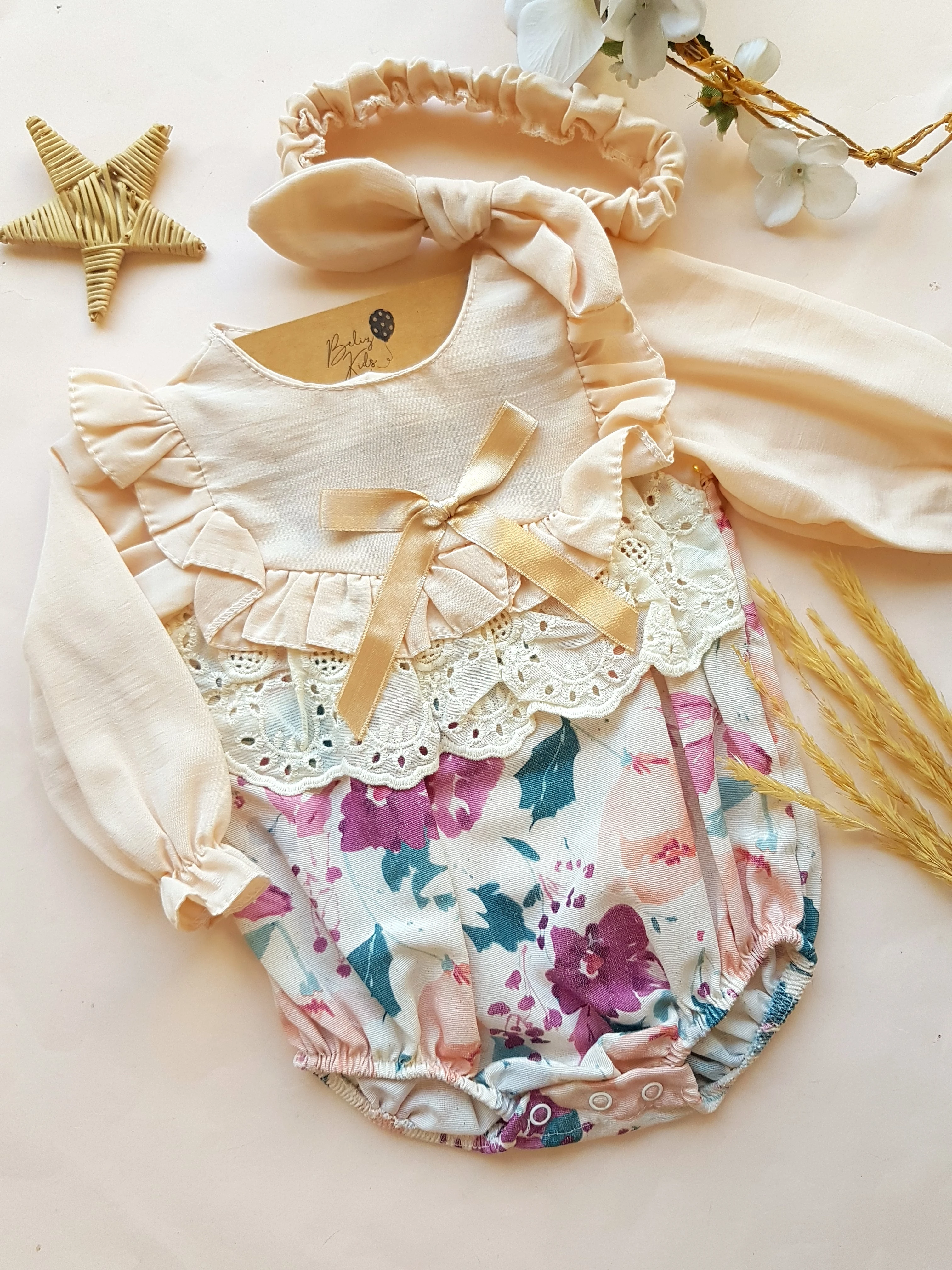 Mürdüm Çiçekli Fisto/Fırfır Detaylı Bandanalı Romper