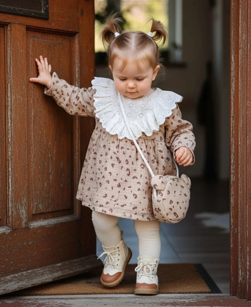 Leopar Desen Çantalı Müslin Elbise