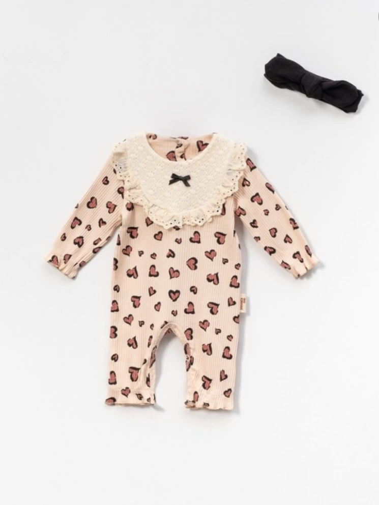 Kalp Leopar Baskılı Bandanalı Pudra Tulum