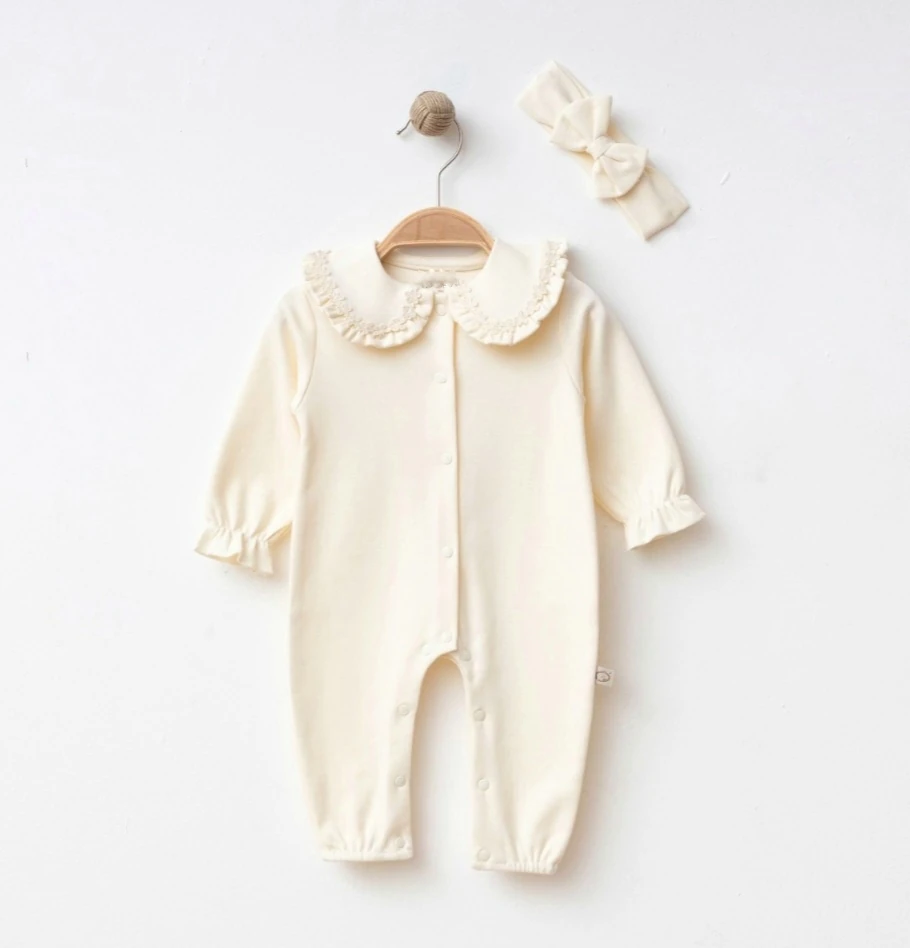 Krem Çiçek Nakış Detaylı Bandanalı Tulum