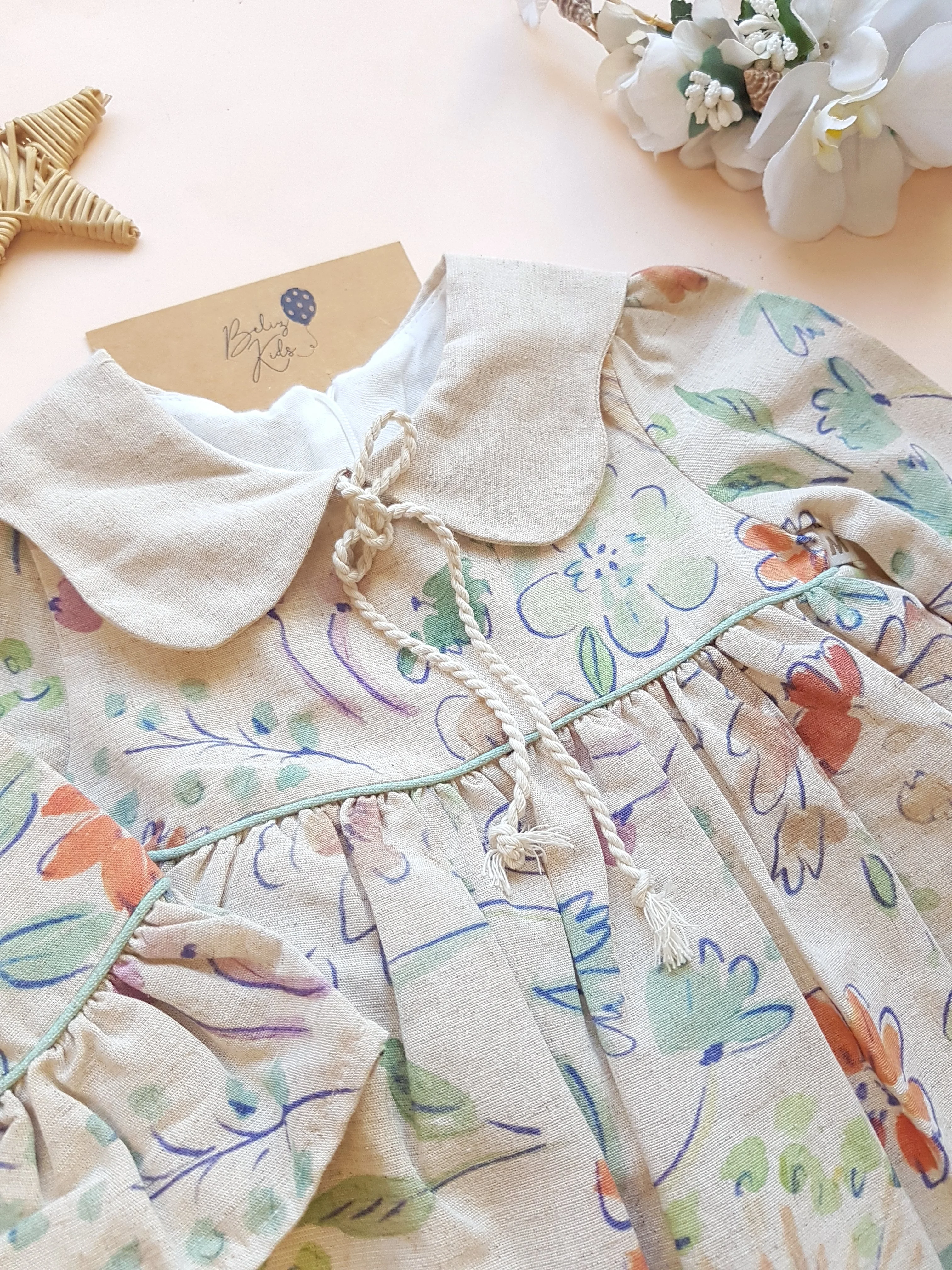 Suluboya Çiçek Desen Pamuk Keten Premium Elbise