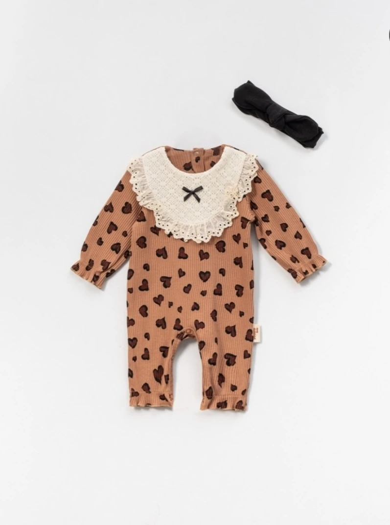 Kalp Leopar Baskılı Bandanalı Kahverengi Tulum