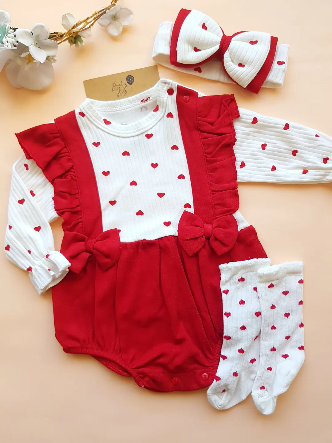 Kırmızı Kalp Desen Çoraplı Bandanalı Romper