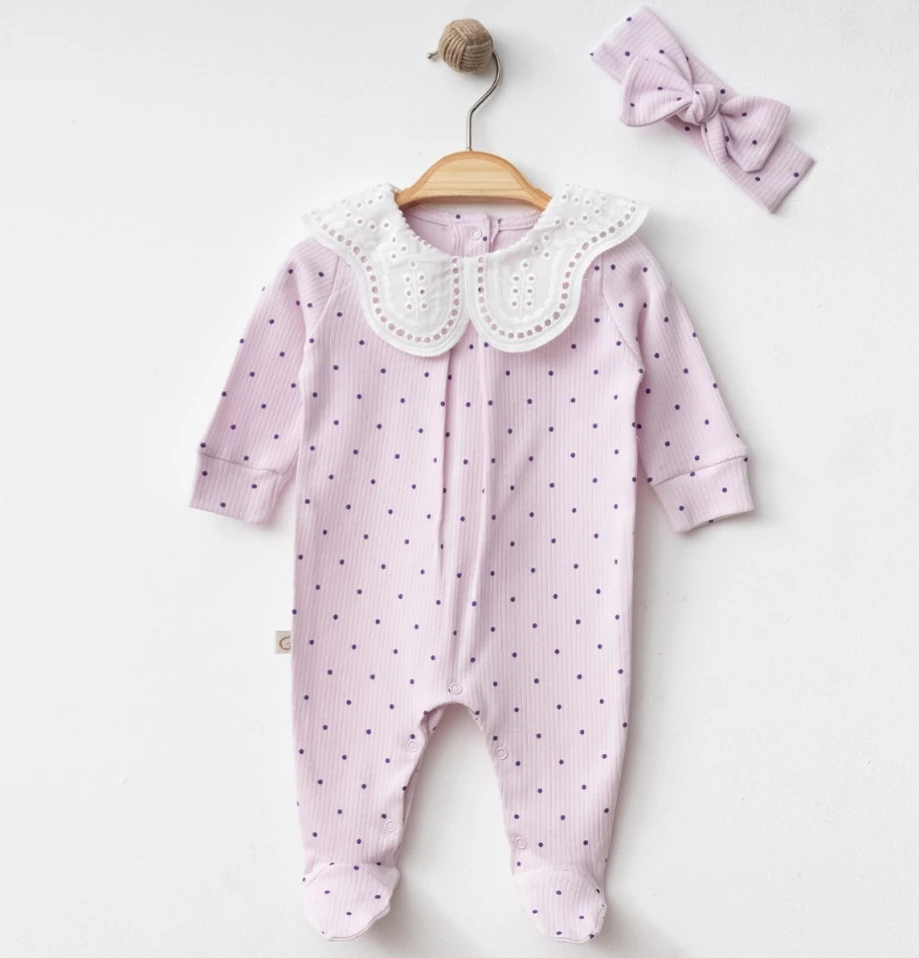 Lila Puantiye Desen Bandanalı Tulum