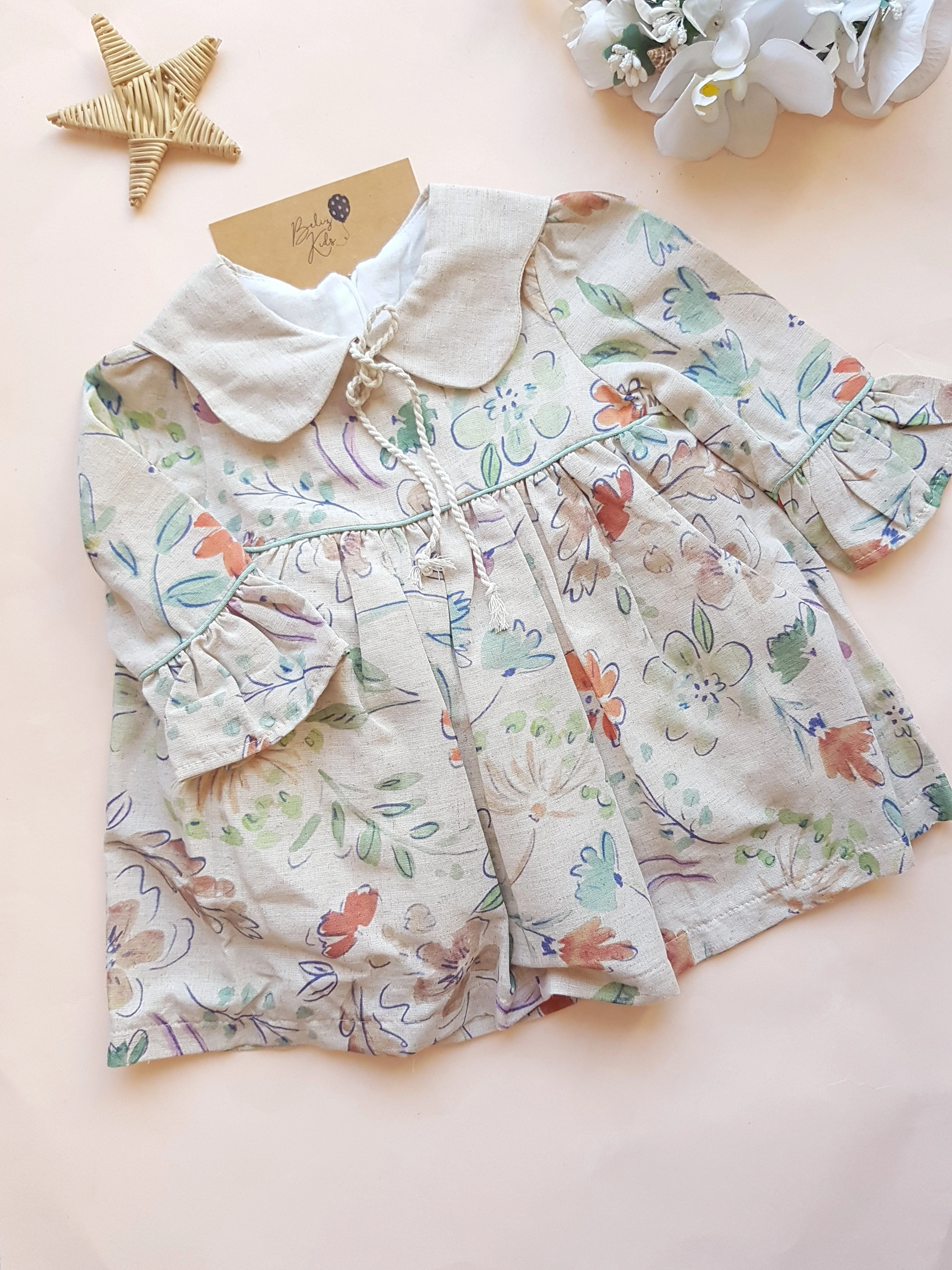 Suluboya Çiçek Desen Pamuk Keten Premium Elbise