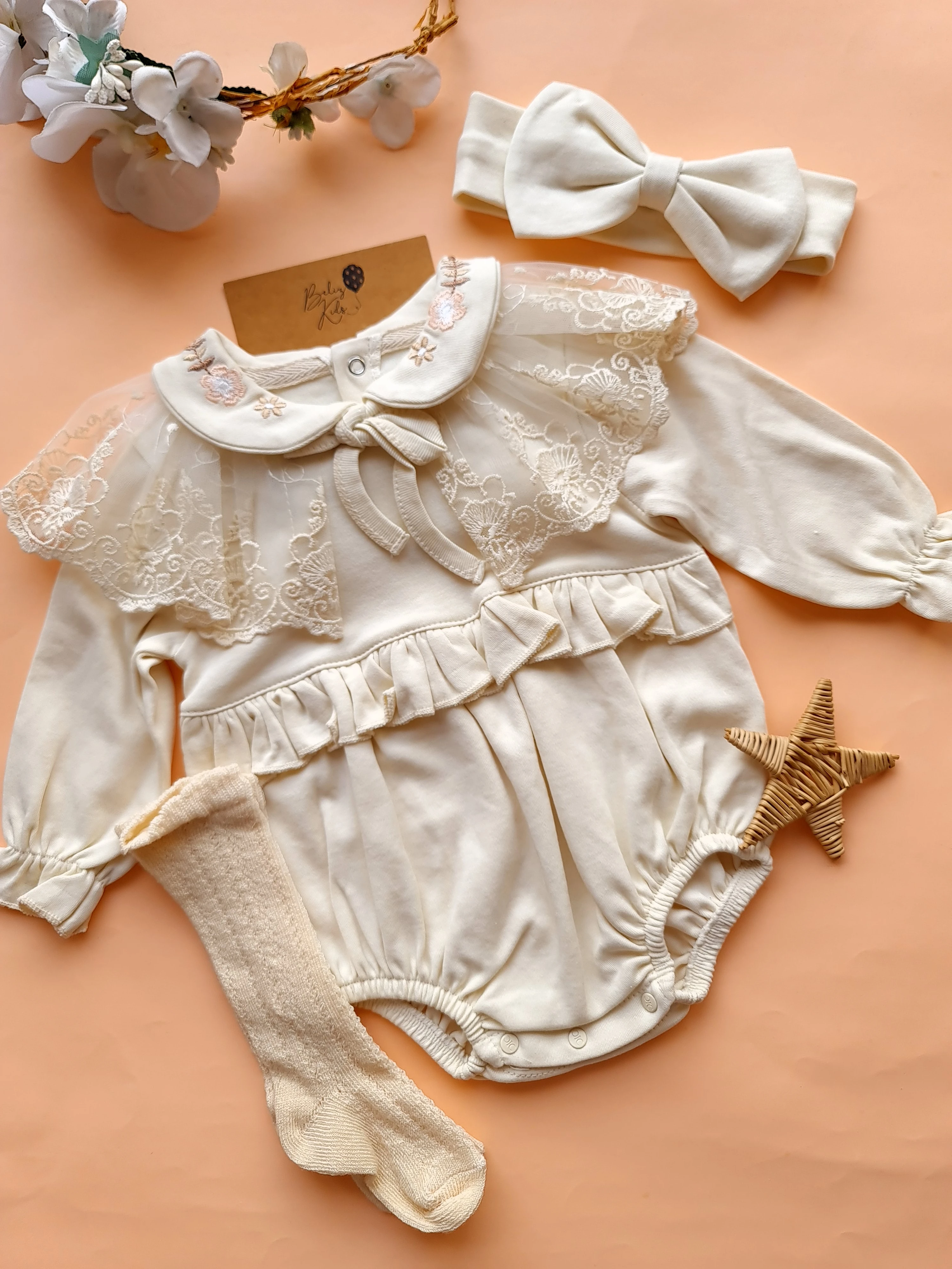 Krem Dantelli Romper Set