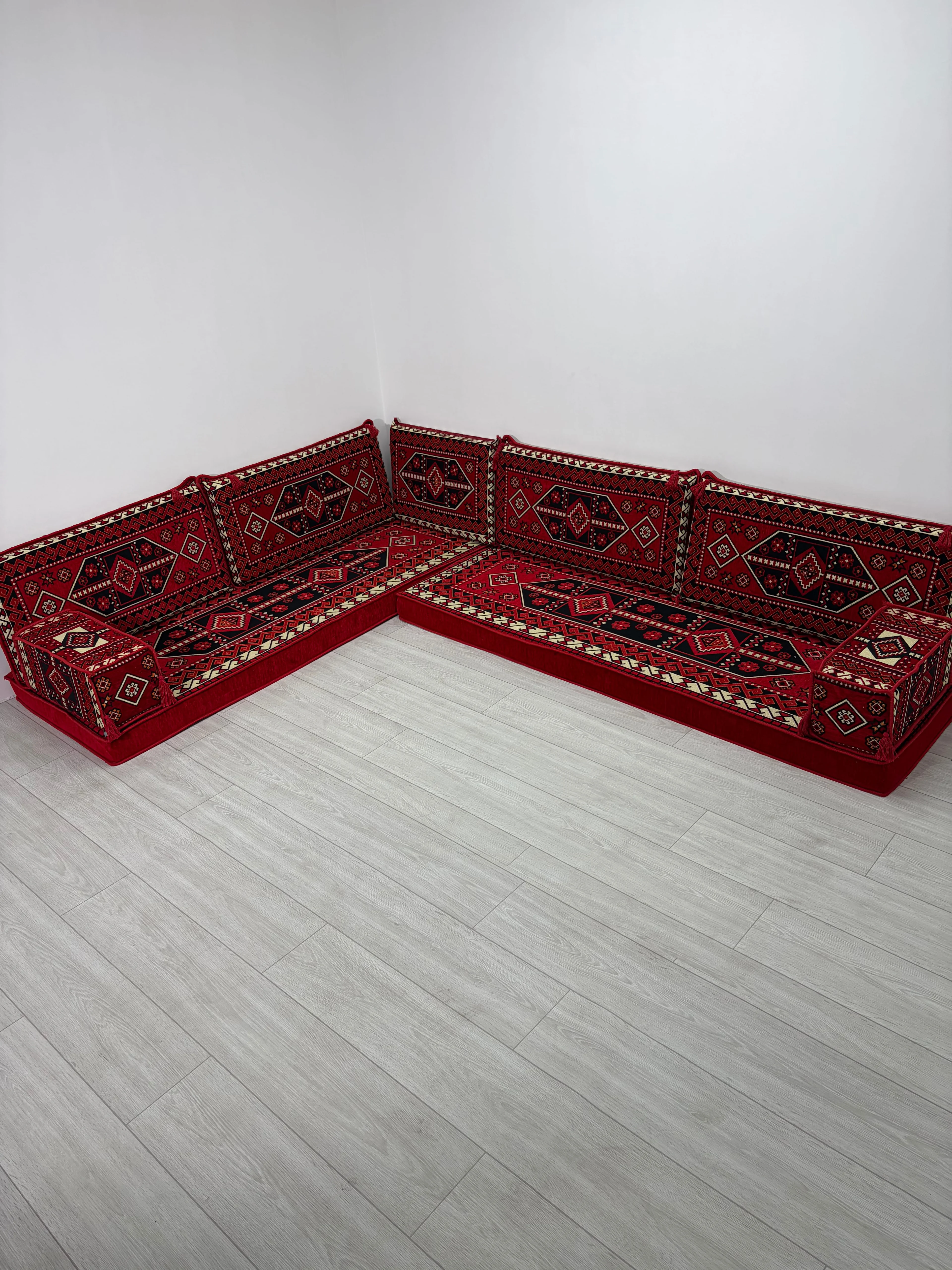 Sedir Deseni Şark Köşesi Takımı Yer Minderi Seti Sünger Dahil 9 Parça (Çökmeyen Sünger)
