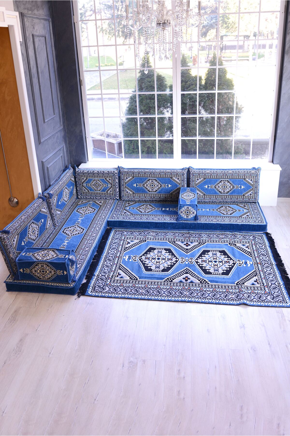 Şark Köşesi Takımı Konsepti Mavi Yahyalı Modeli Koltuk Takımı Sünger Dahil (10 Parça)