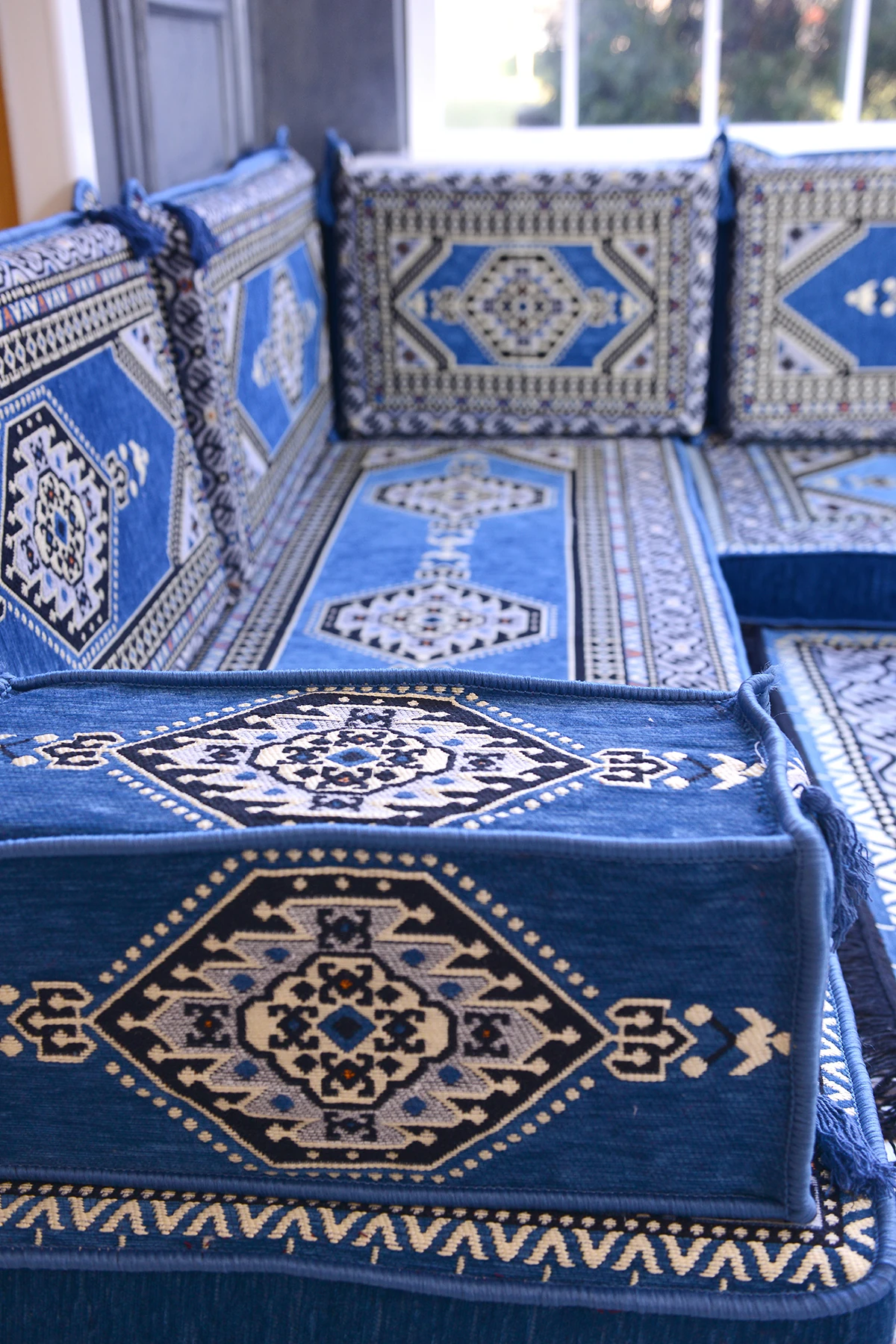 Şark Köşesi Takımı Konsepti Mavi Yahyalı Modeli Koltuk Takımı Sünger Dahil (18 Parça)