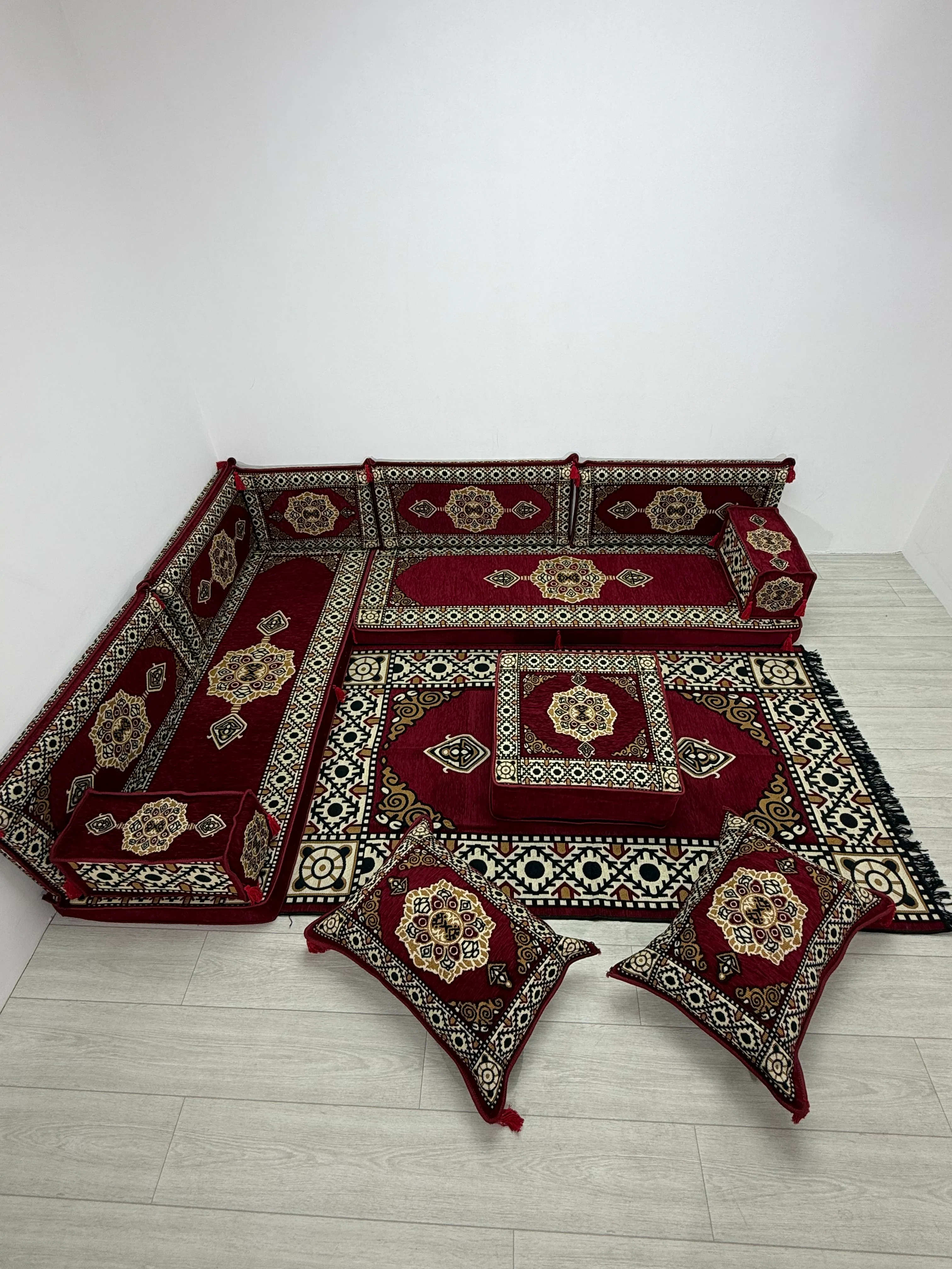  Zümrüt Yeşili Otantik Şark Köşesi Takımı – L SET - Geleneksel Yer Minderi Seti (10 Cm Minder Kalınlığı) 