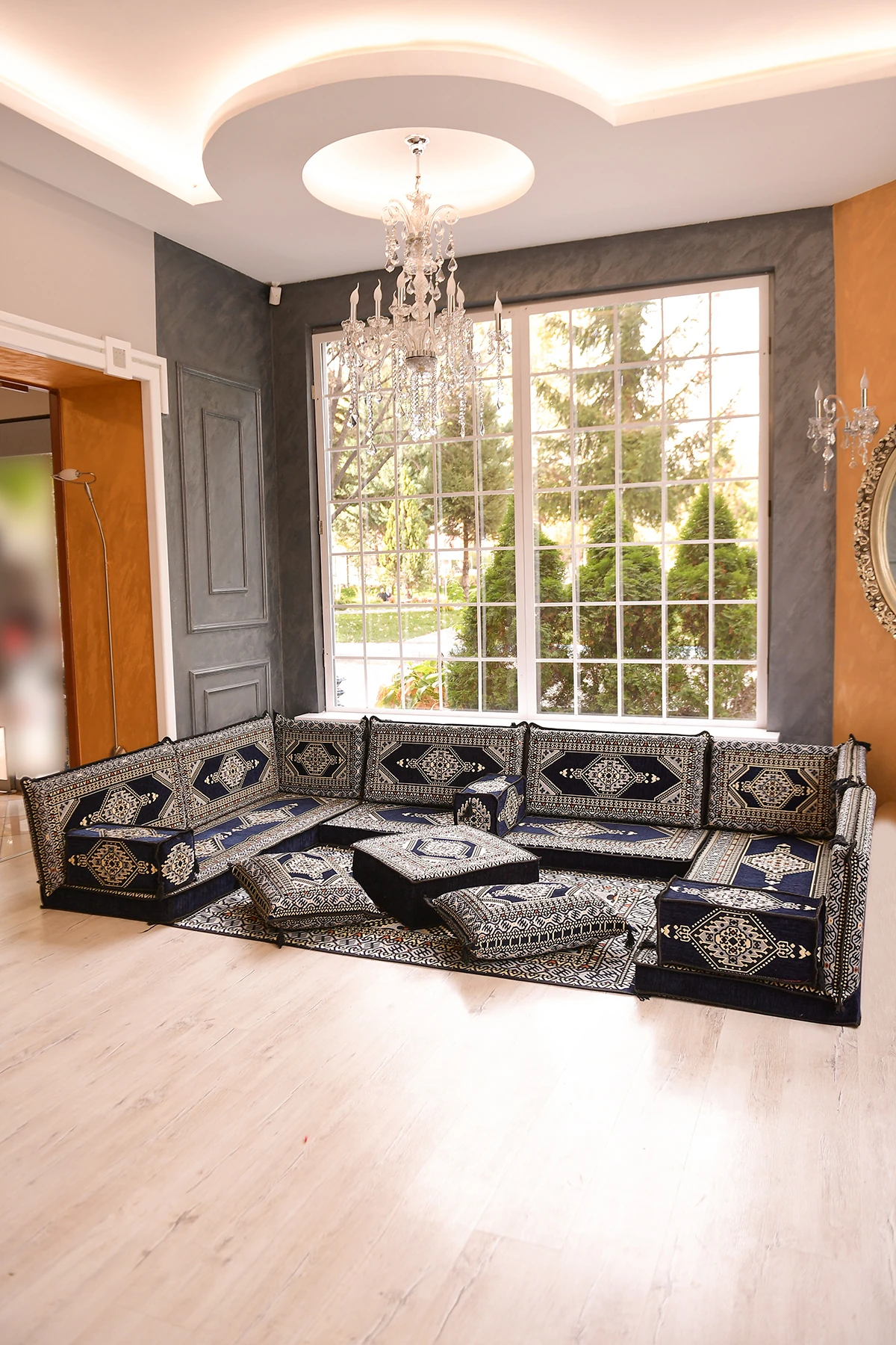 Şark Köşesi Takımı Konsepti Yahyalı Lacivert Modeli Koltuk Takımı Sünger Dahil (18 Parça)