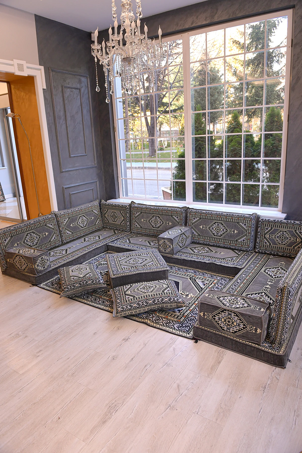 Şark Köşesi Takımı Konsepti Yahyalı Gri Modeli Koltuk Takımı Sünger Dahil (18 Parça)