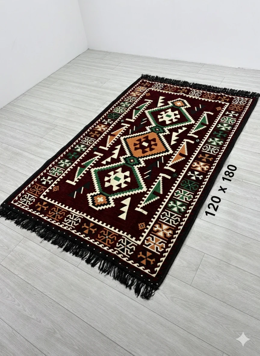 Pamuk Polyester Karışımlı Modern Otantik Kilim - Anadolu Bordo Modeli Yıkanabilir Kilim